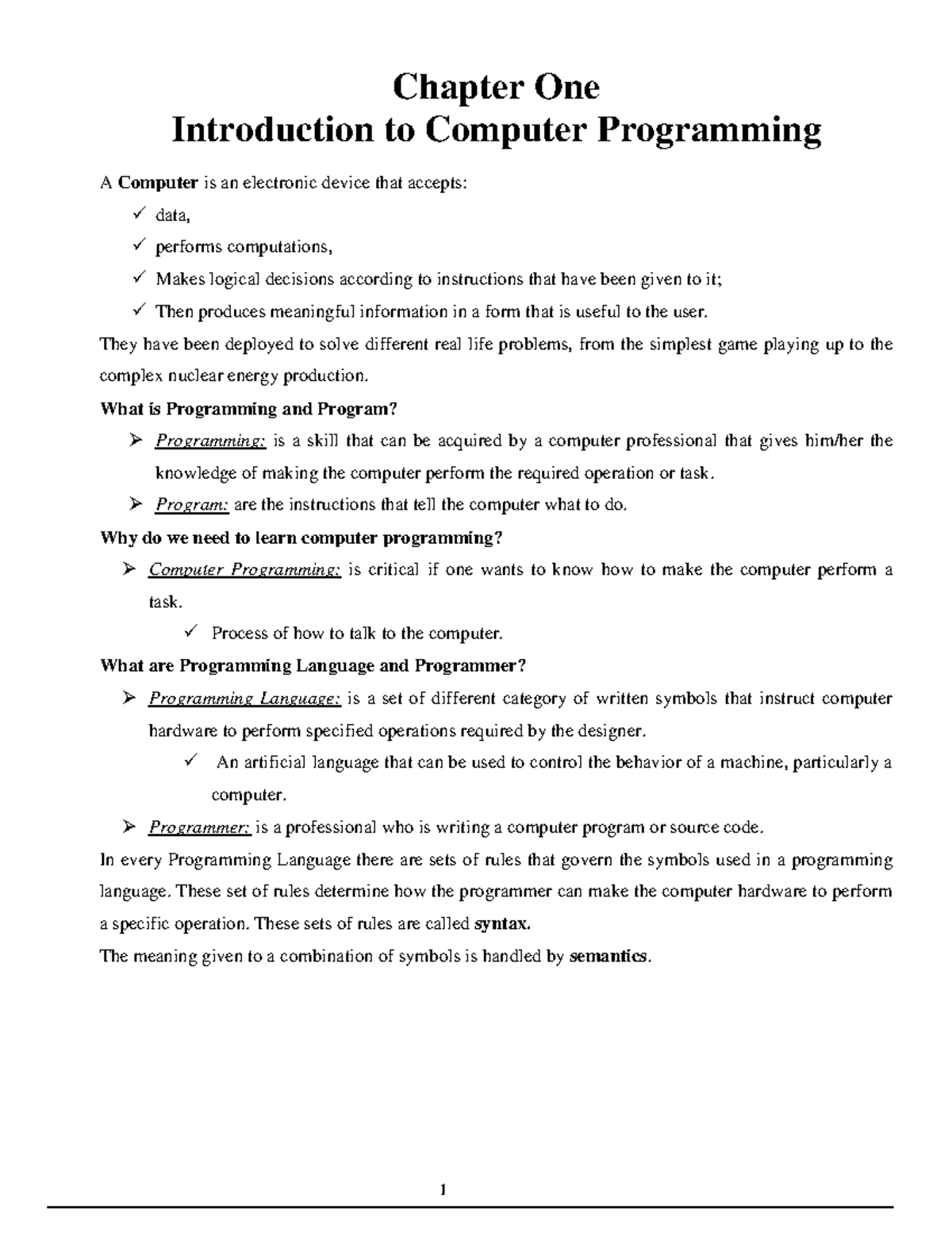 Chapter 1 and 2 - Chapter One Introduction to Computer Programming A ...