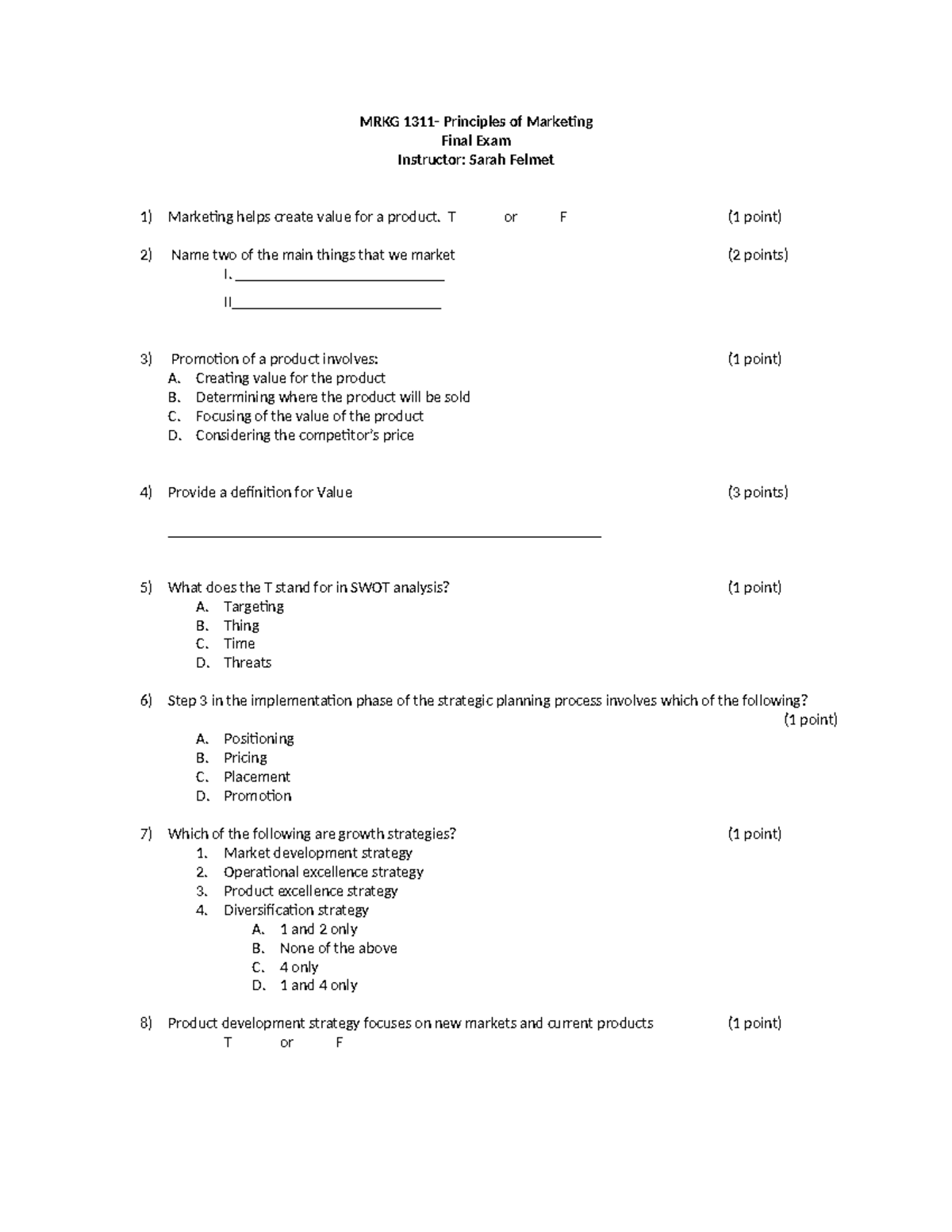 Final exam version 2 MRKG 1311 Principles of Marketing Final Exam