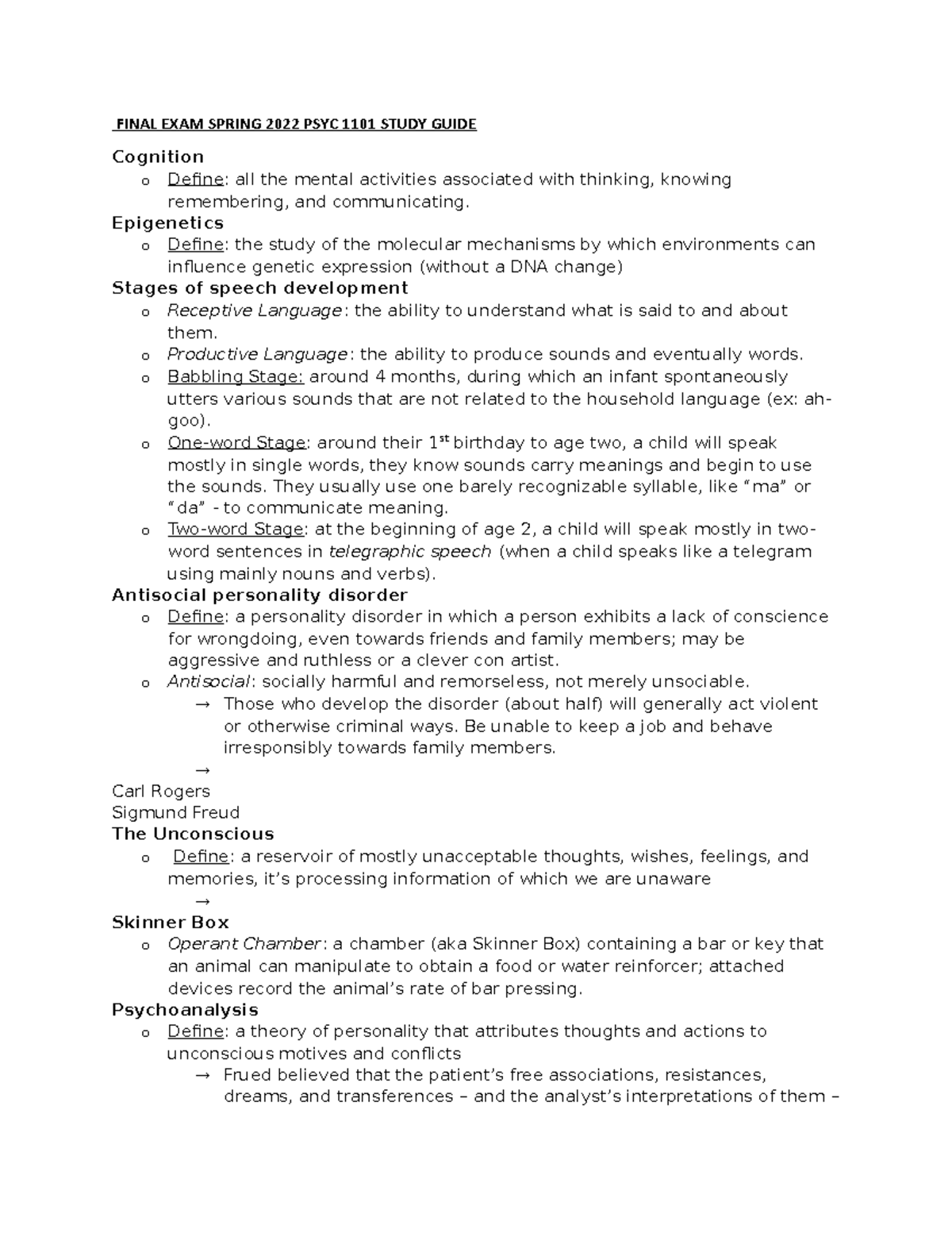 PSYC 1101 Final Exam Study Guide - FINAL EXAM SPRING 2022 PSYC 1101 ...