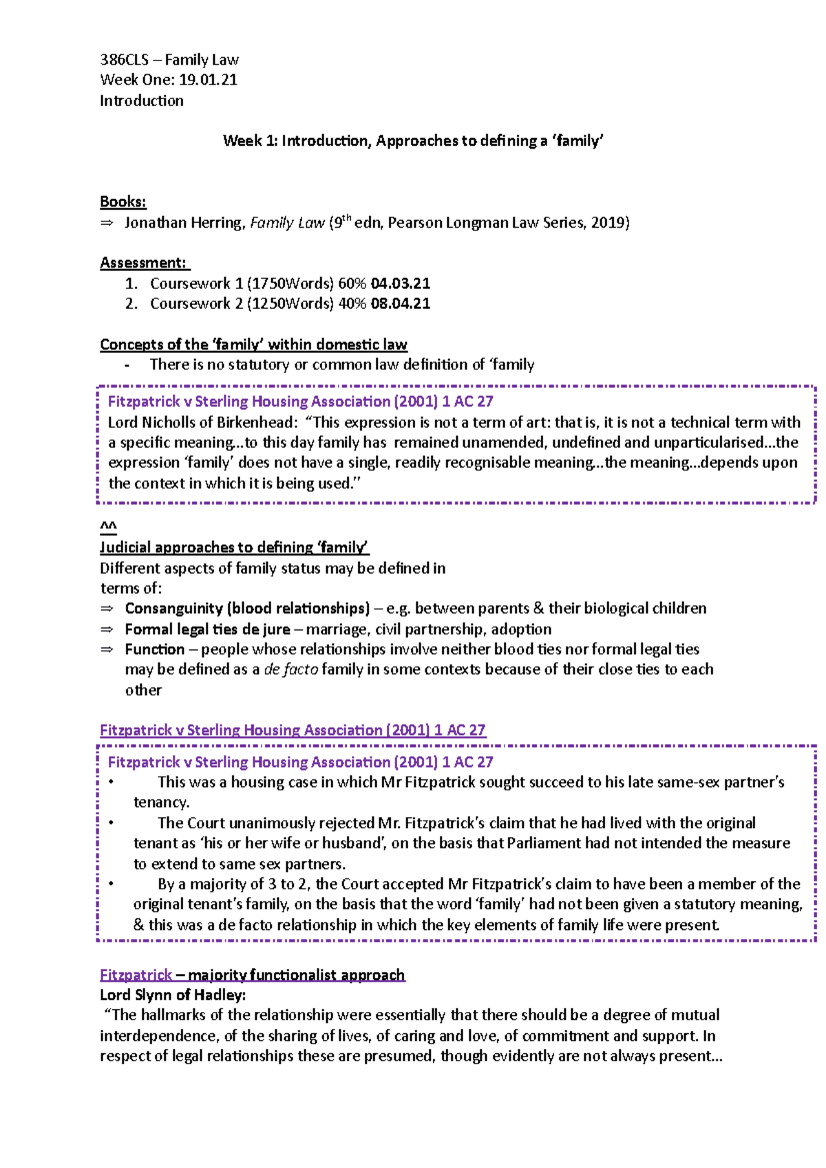 Week 1 - Lecture notes 1 - 386CLS – Family Law Week One: 19 ...