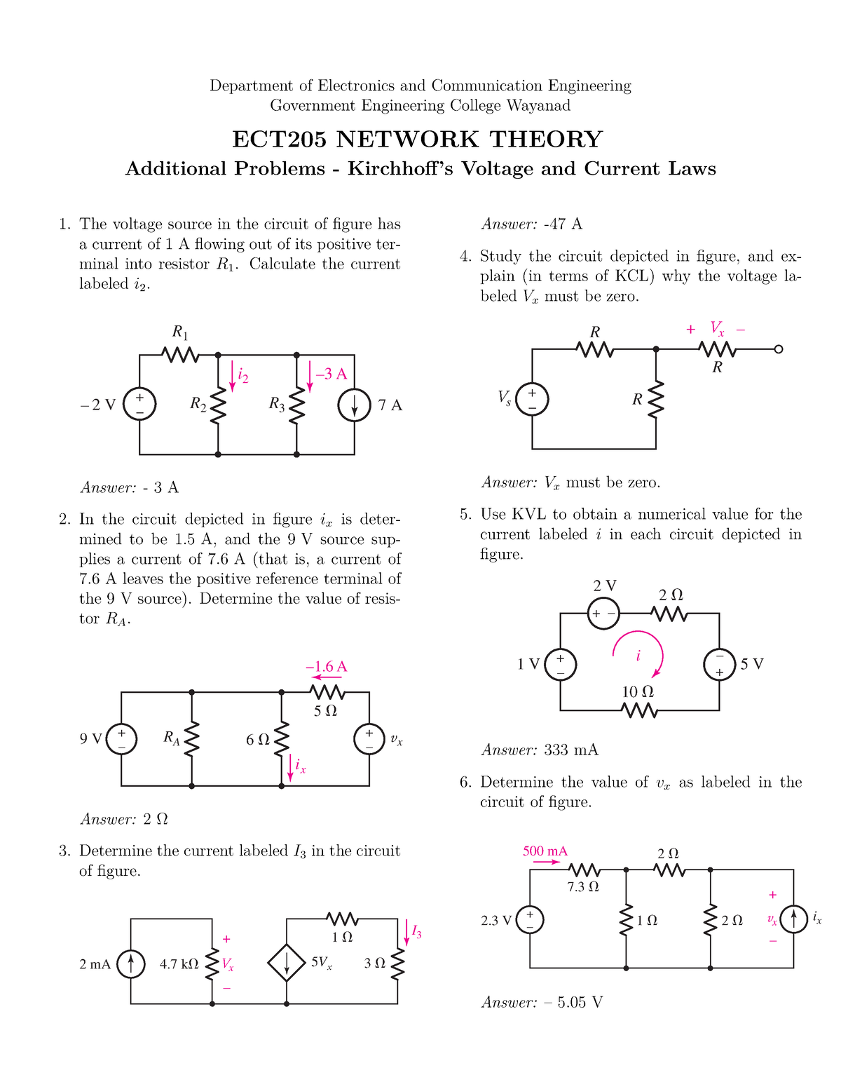 ECT205 Network Theory - Additional Problems - Voltage And Current Laws ...