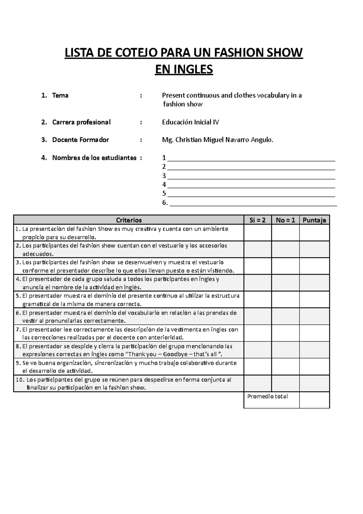 Lista DE Cotejo PARA UN Fashion SHOW EN Ingles - LISTA DE COTEJO PARA