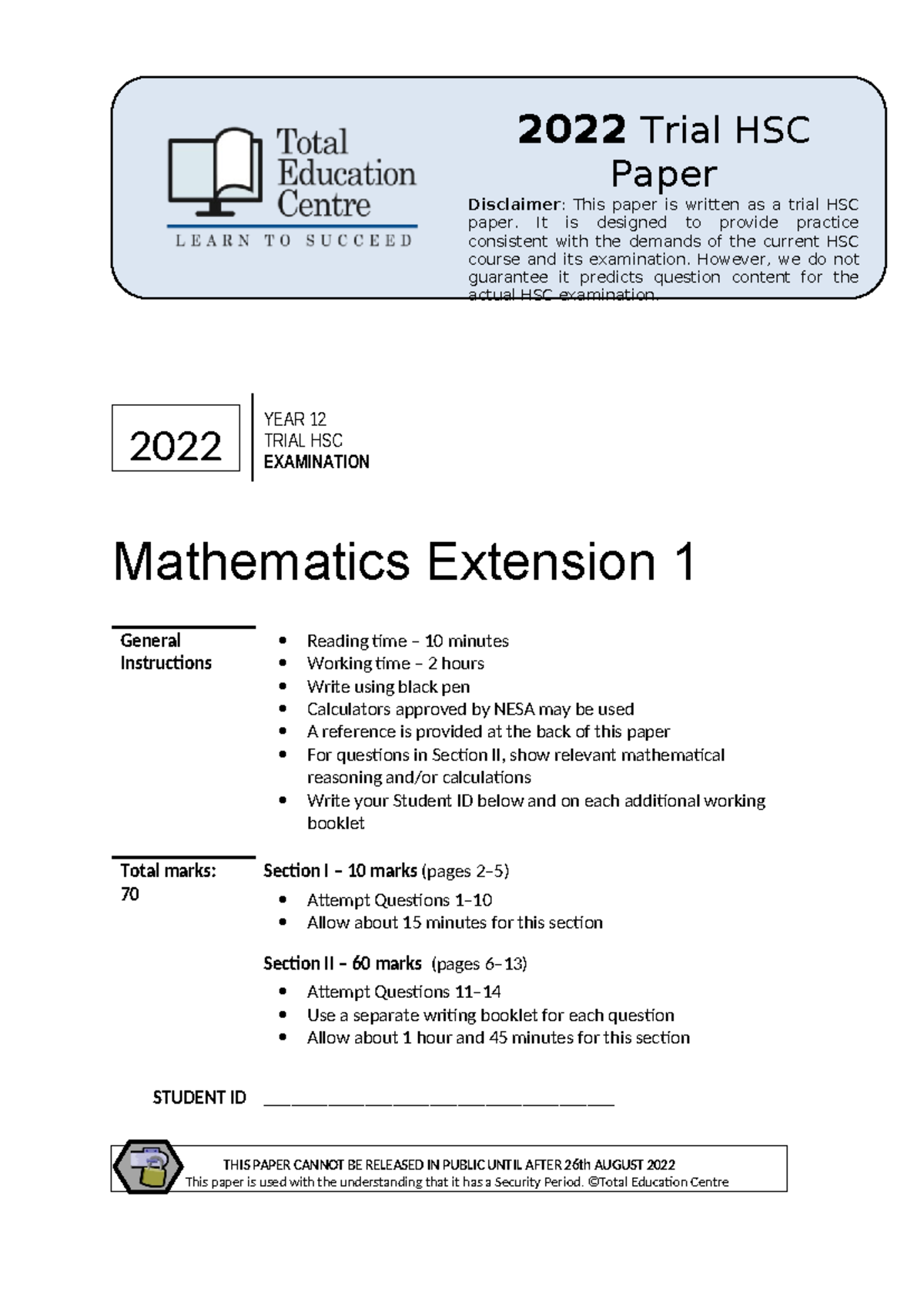 2022 Mathematics Ext 1 HSC Trial - 2022 Trial HSC Paper Disclaimer ...