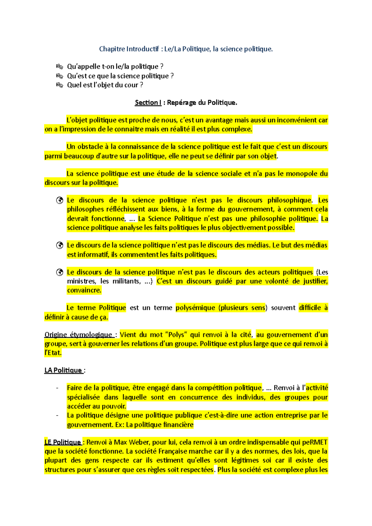 Science politique semestre 2 complet - Chapitre Introductif : Le/La ...