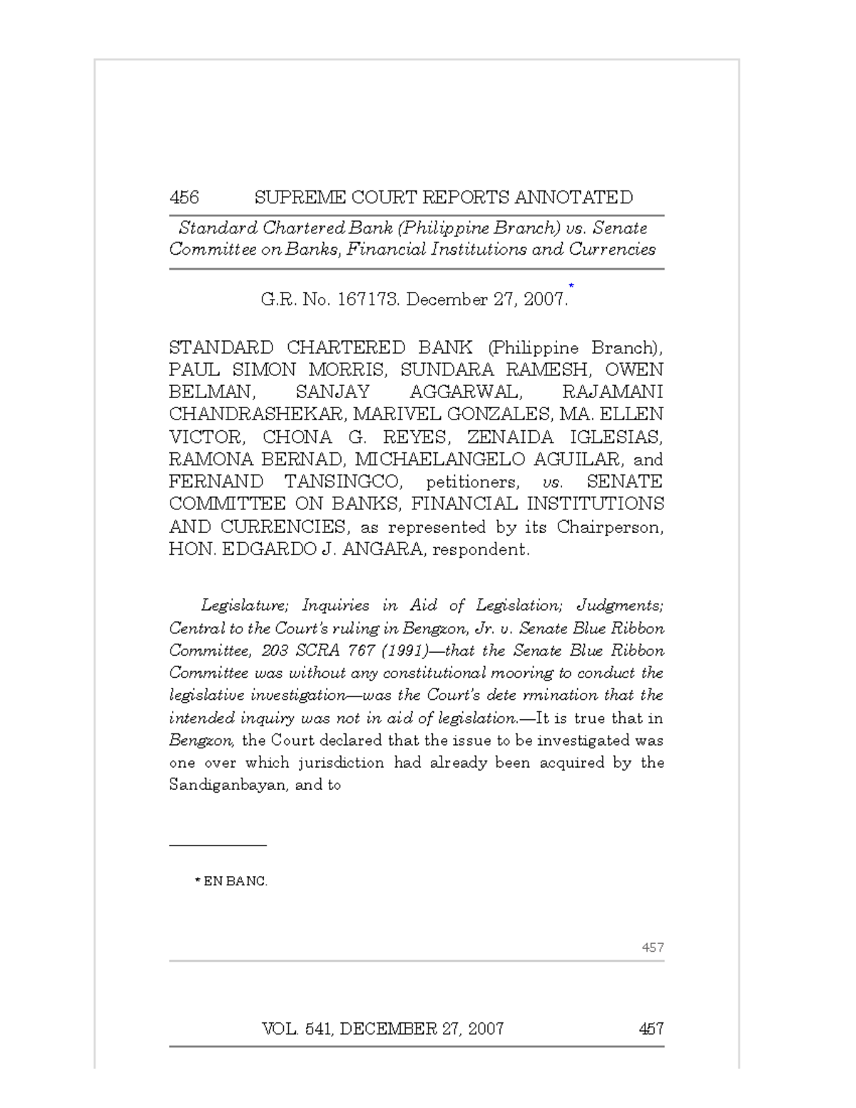 Standard Chartered Bank vs. Senate Committee, G.R. No. 167173. December 27, 2007. 456 SUPREME
