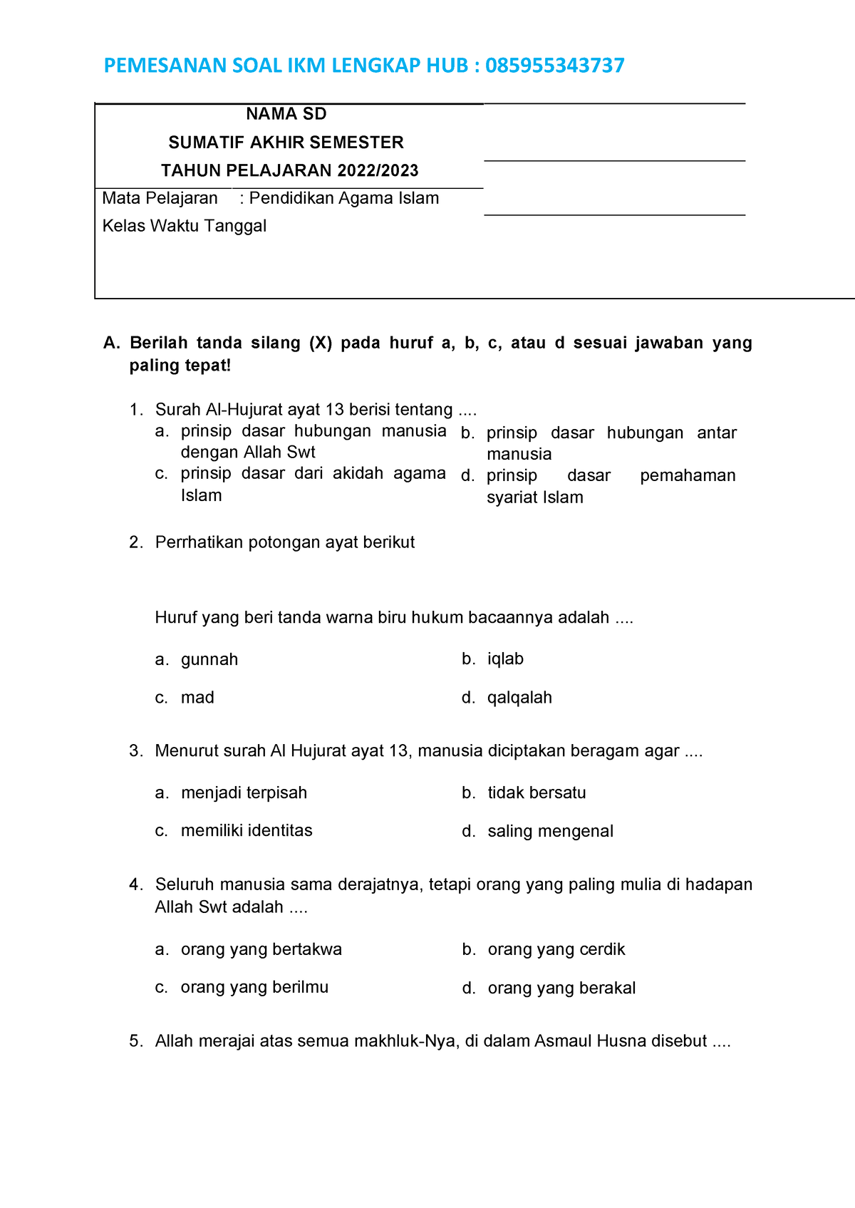 FILE Contoh UMUM SOAL Sumatif Akhir Semester (SAS) PAS SD Kurmer ...