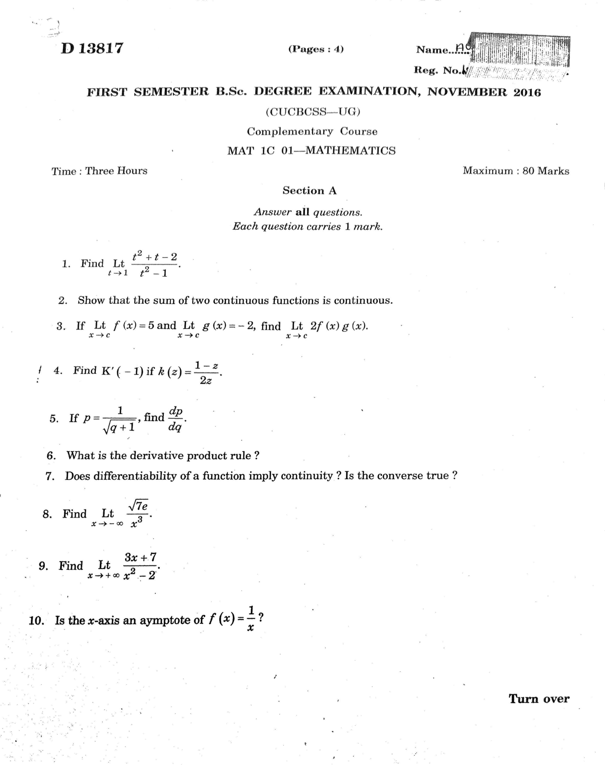 1sem mathematics - Previous years Question paper - Bsc physics - Studocu