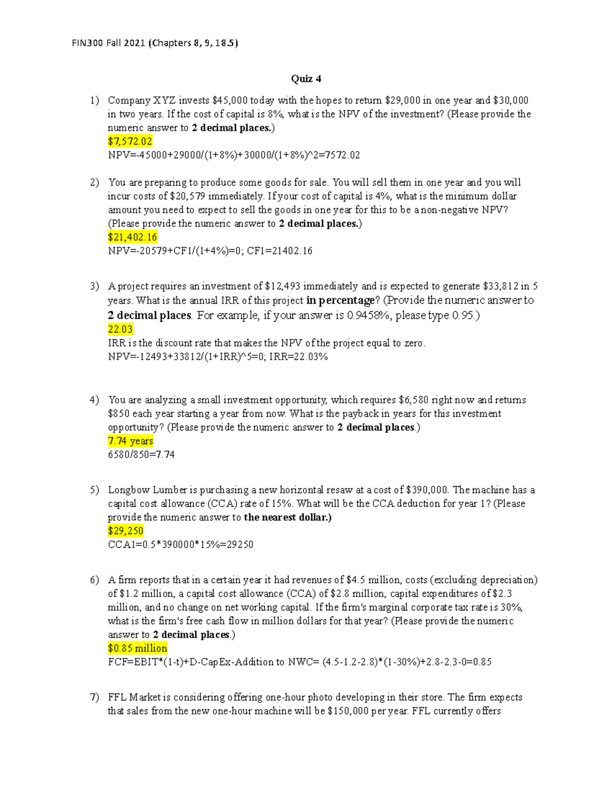 FIN300 -Managerial Finance I F2021/2022 Quiz 4 Answer Sheet - Fin 300 ...