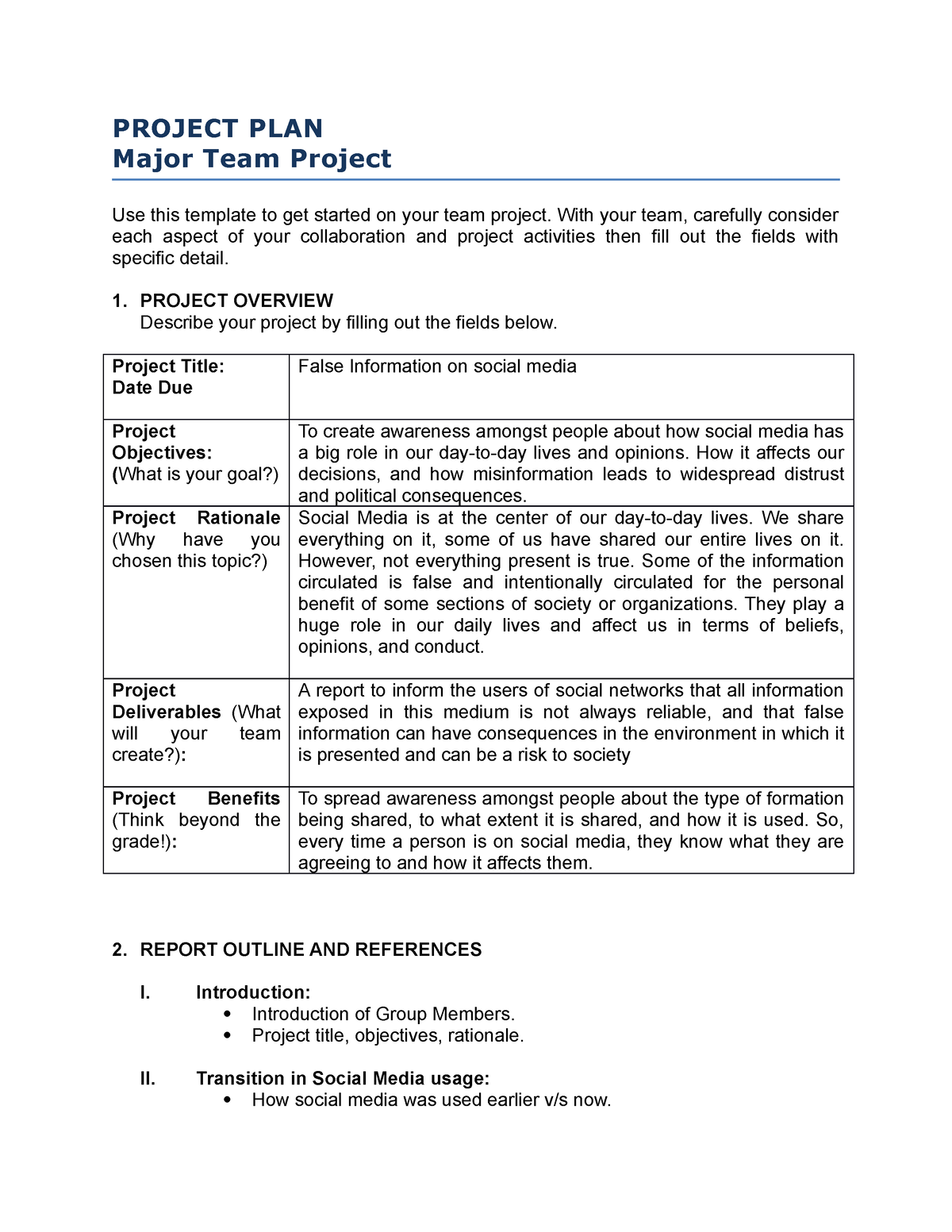 Project plan template draft - PROJECT PLAN Major Team Project Use this ...