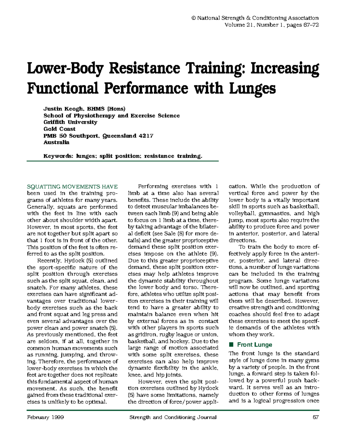 Lower Body Resistance Training Increasing - February 1999 Strength And ...