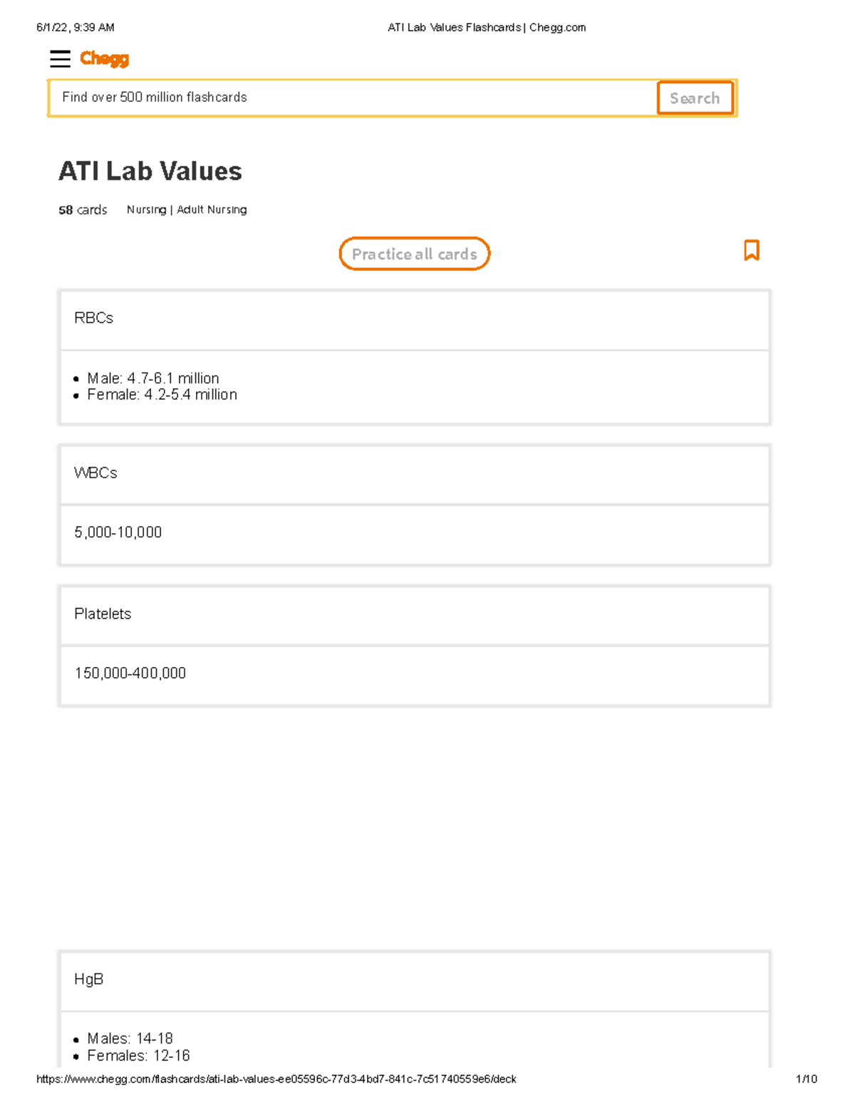 ATI Lab Values Flashcards Chegg 58 cards Nursing Adult Nursing RBCs