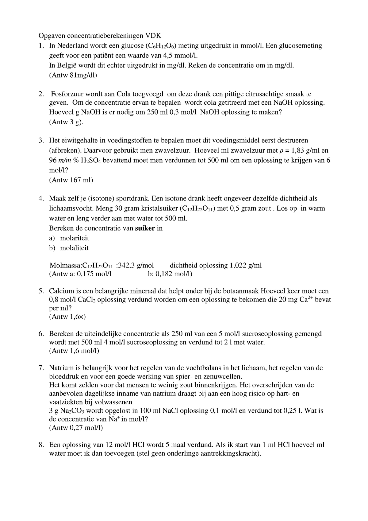Opgaven Werkcollege 1 Oplossingen En Concentratieberekeningen - Opgaven ...