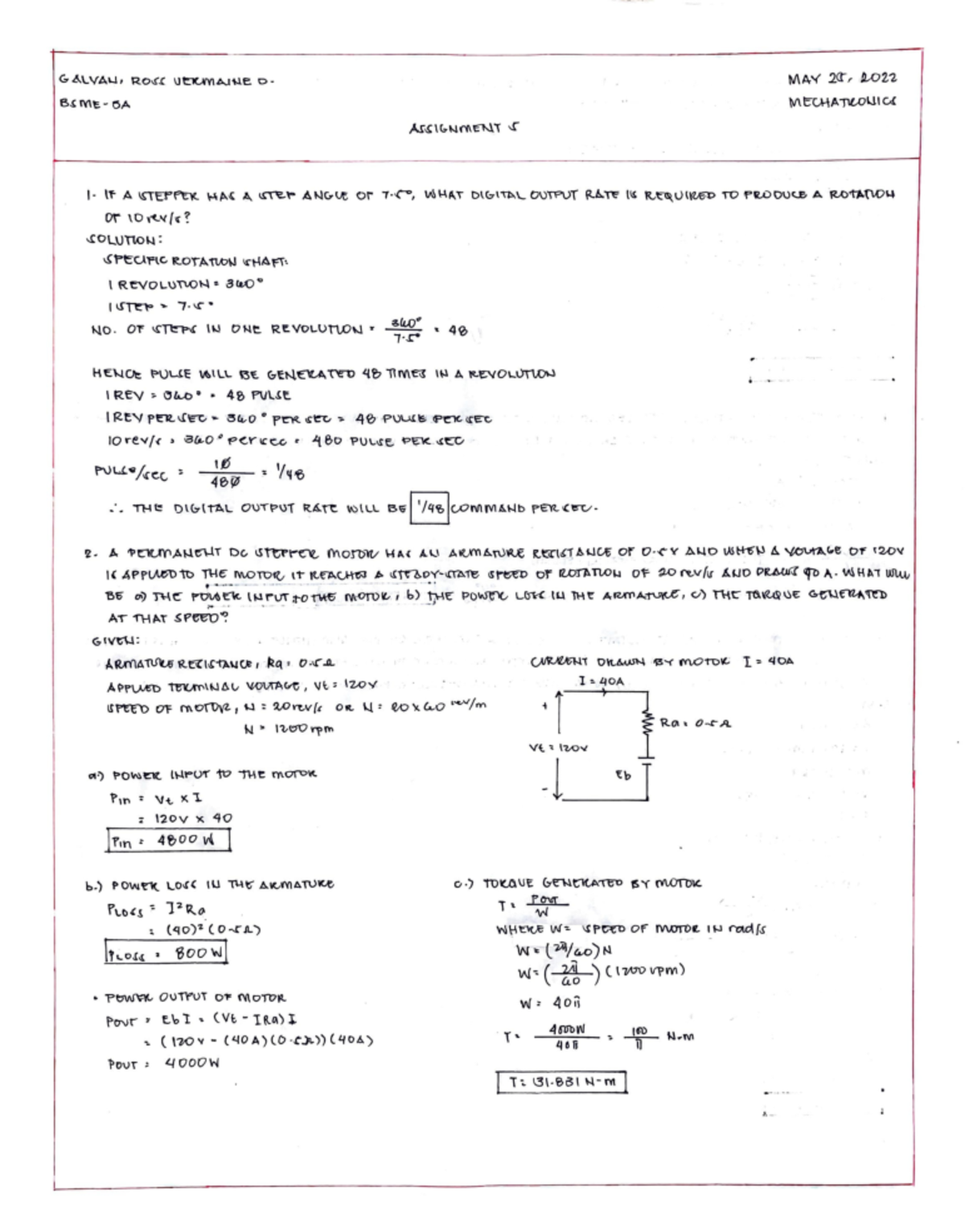 Mechatronics Assignment 5 - Galvan BSME 3A - Mechanical Engineering - o ...
