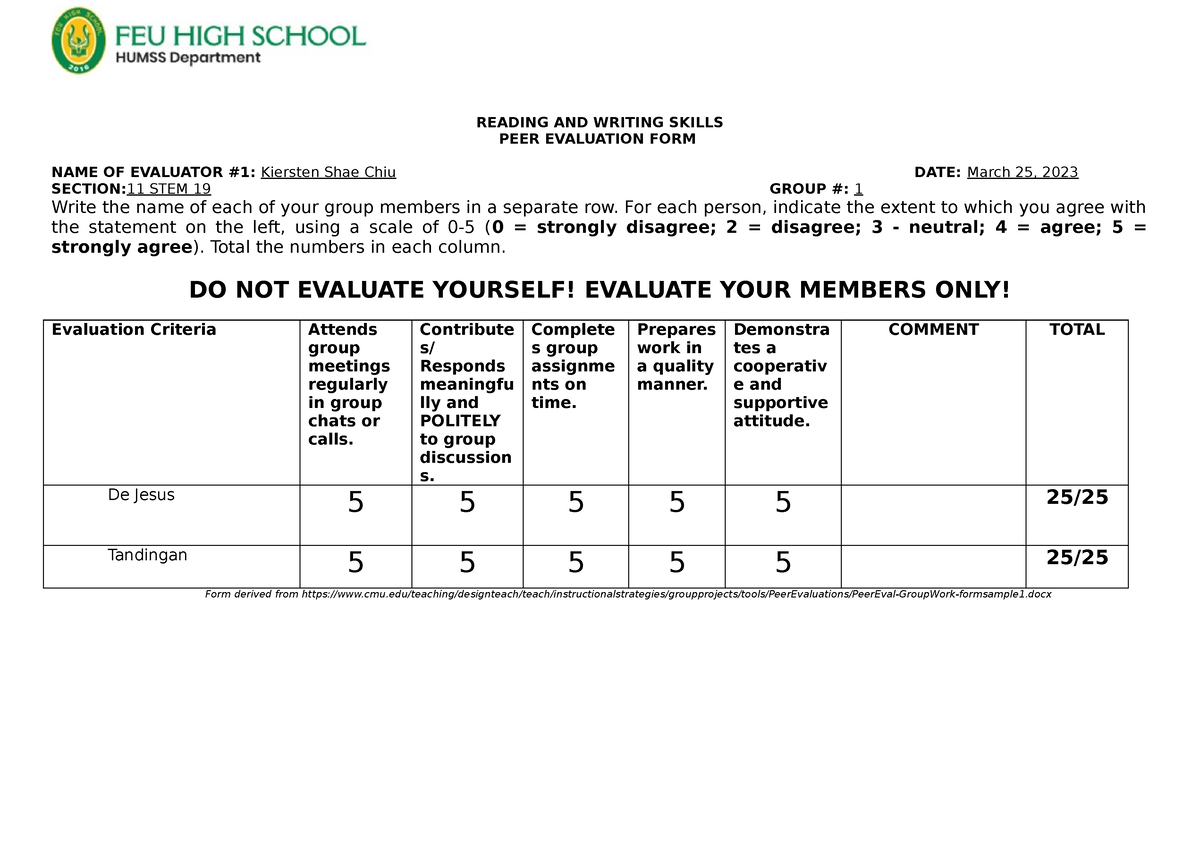 Group 1 Midterm PETA Peer Evaluation - READING AND WRITING SKILLS PEER ...