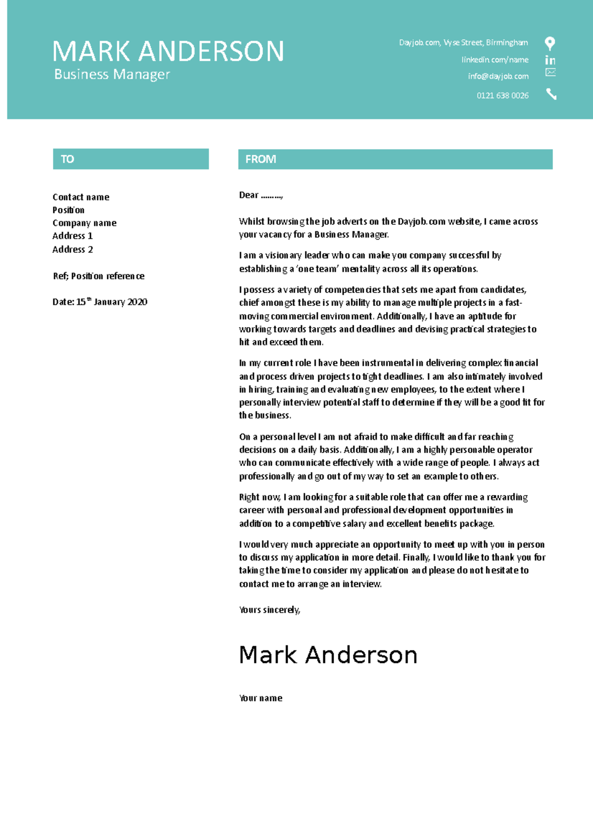 Free Business Manager cover letter example 7 - Mark Anderson Date: 15th ...