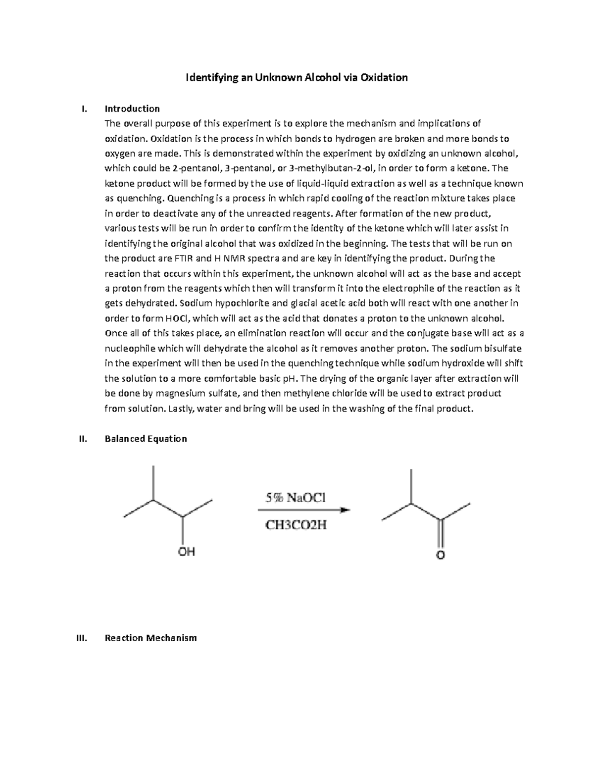 Identifying an Unknown Alcohol via Oxidation Introduction The overall