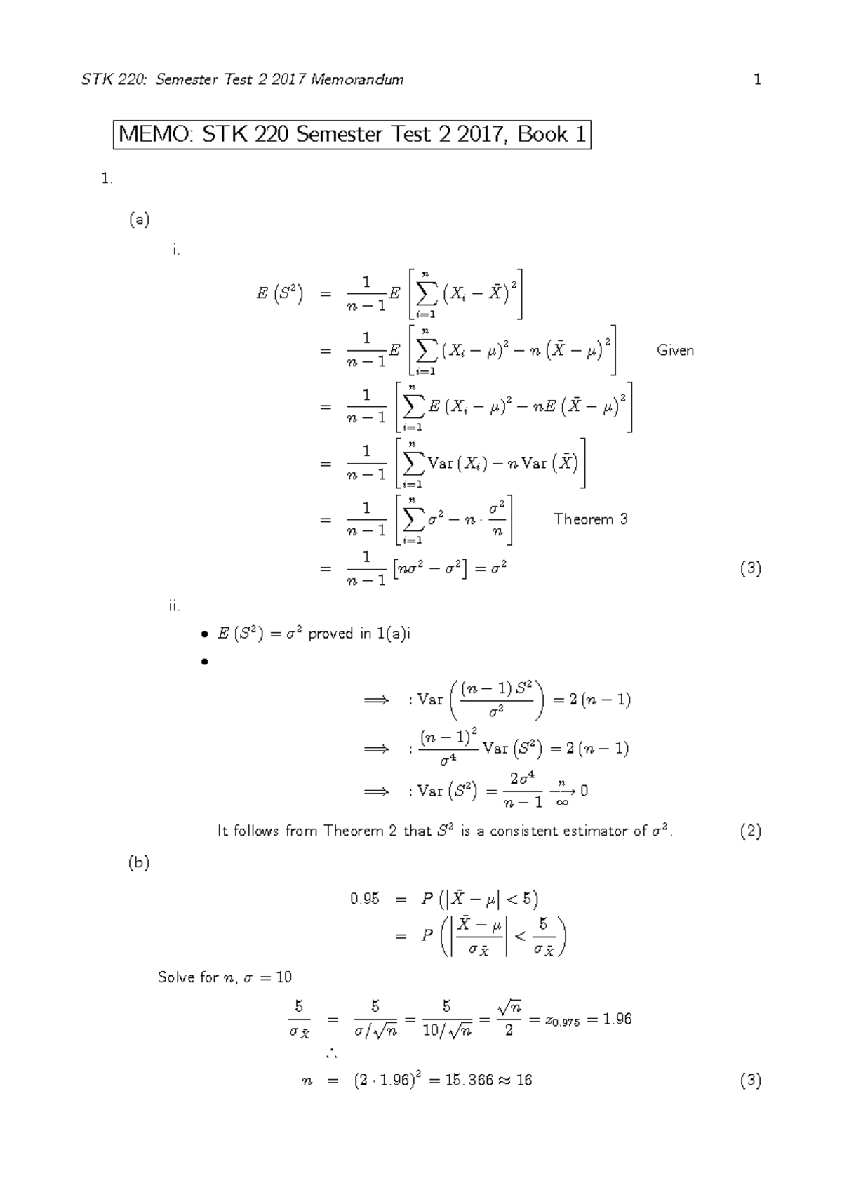 Semester Test 2 MEMO - MEMO: STK 220 Semester Test 2 2017, Book 1 1. (a ...