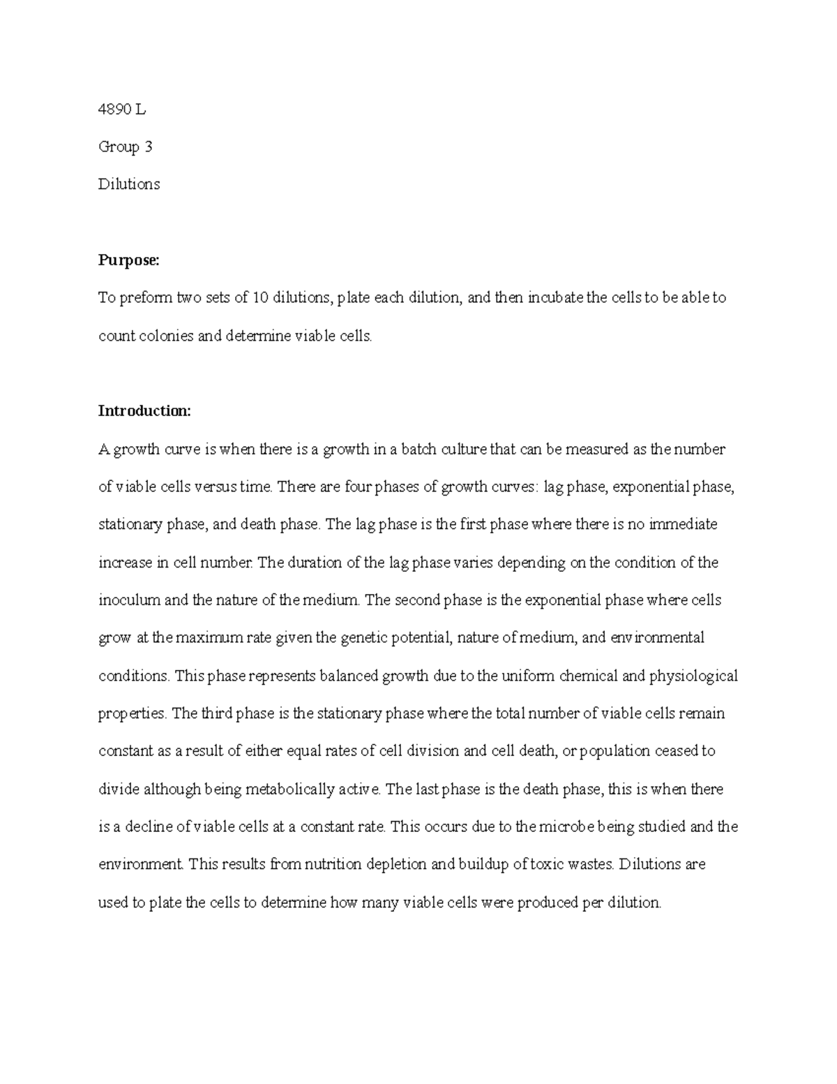 4890L Dilution expt This is an experiment lab report. This lab report
