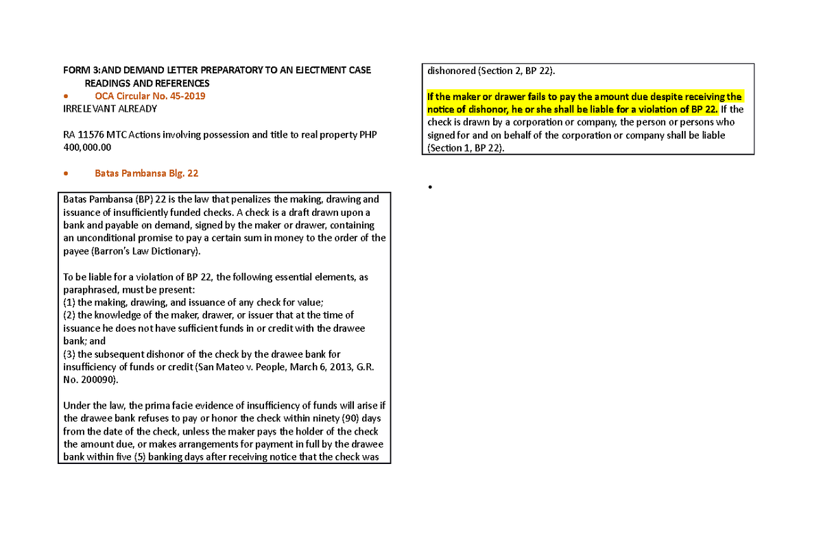 1 sep - NOTES - FORM 3:AND DEMAND LETTER PREPARATORY TO AN EJECTMENT ...