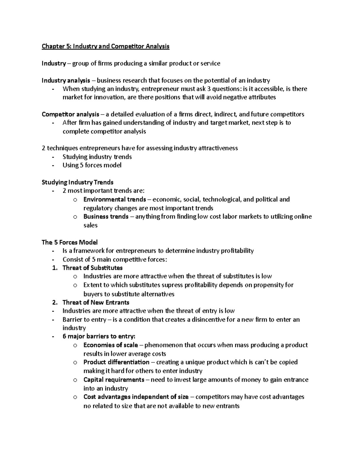 Chapter 5 Notes - Chapter 5: Industry and Competitor Analysis Industry ...