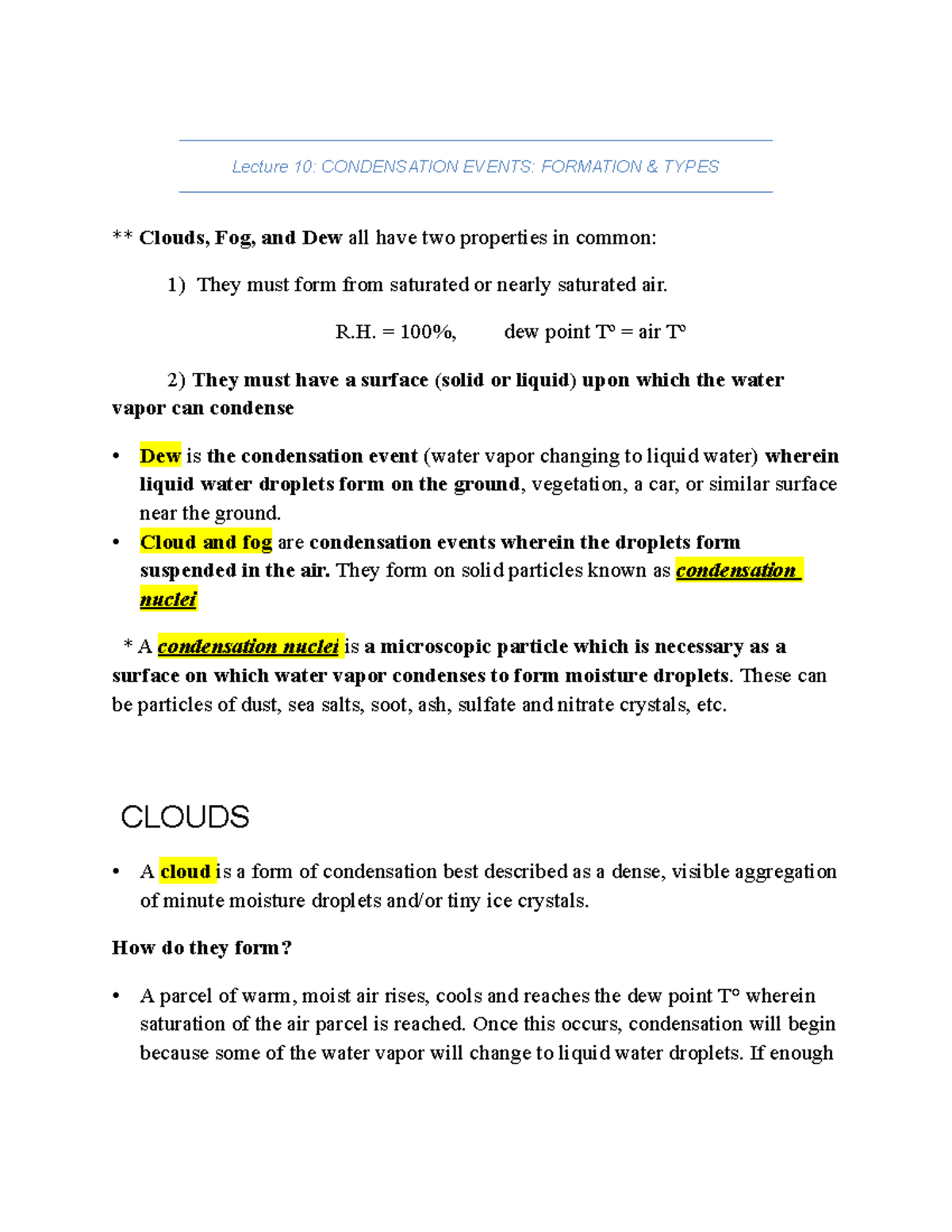 GEOG 1111 Test #2 - GEOG 1111 Test #2 - Lecture 10: CONDENSATION EVENTS ...