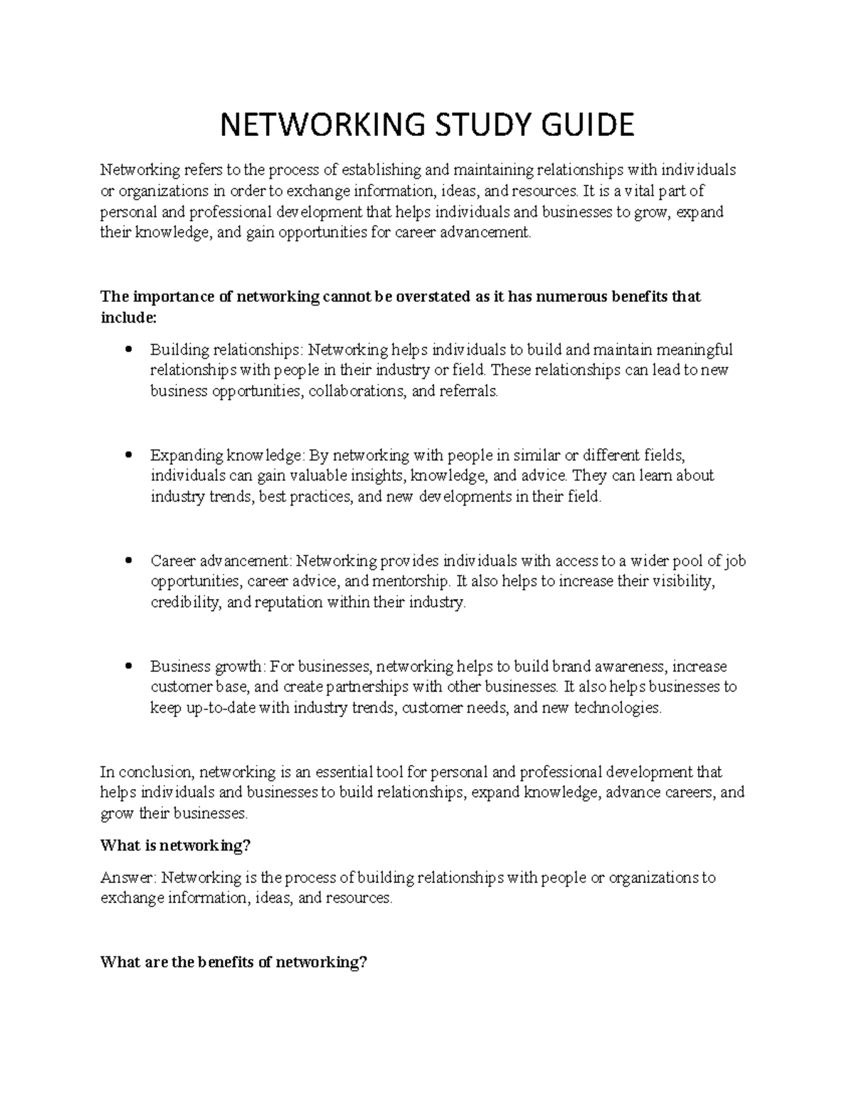 Networking Study Guide NETWORKING STUDY GUIDE Networking refers to