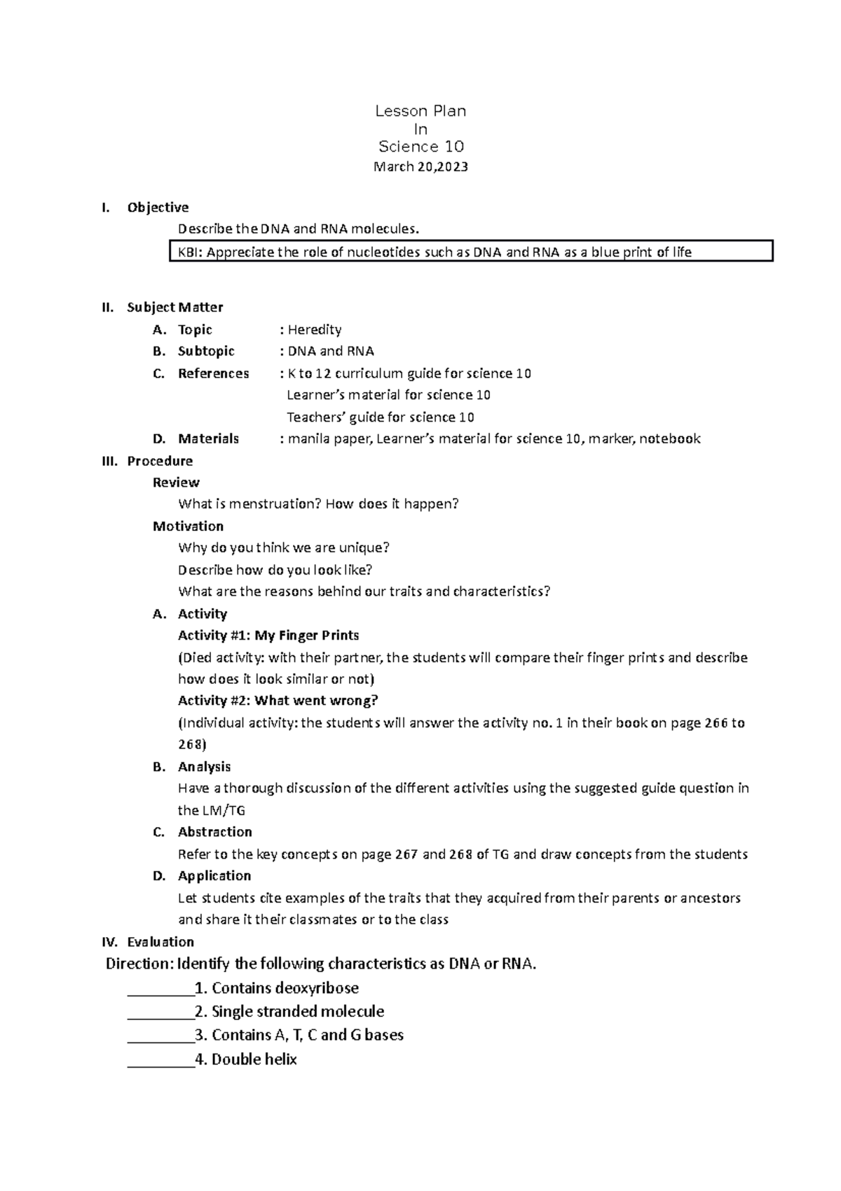 DNA AND RNA lesson plan Lesson Plan In Science 10 March 20, I