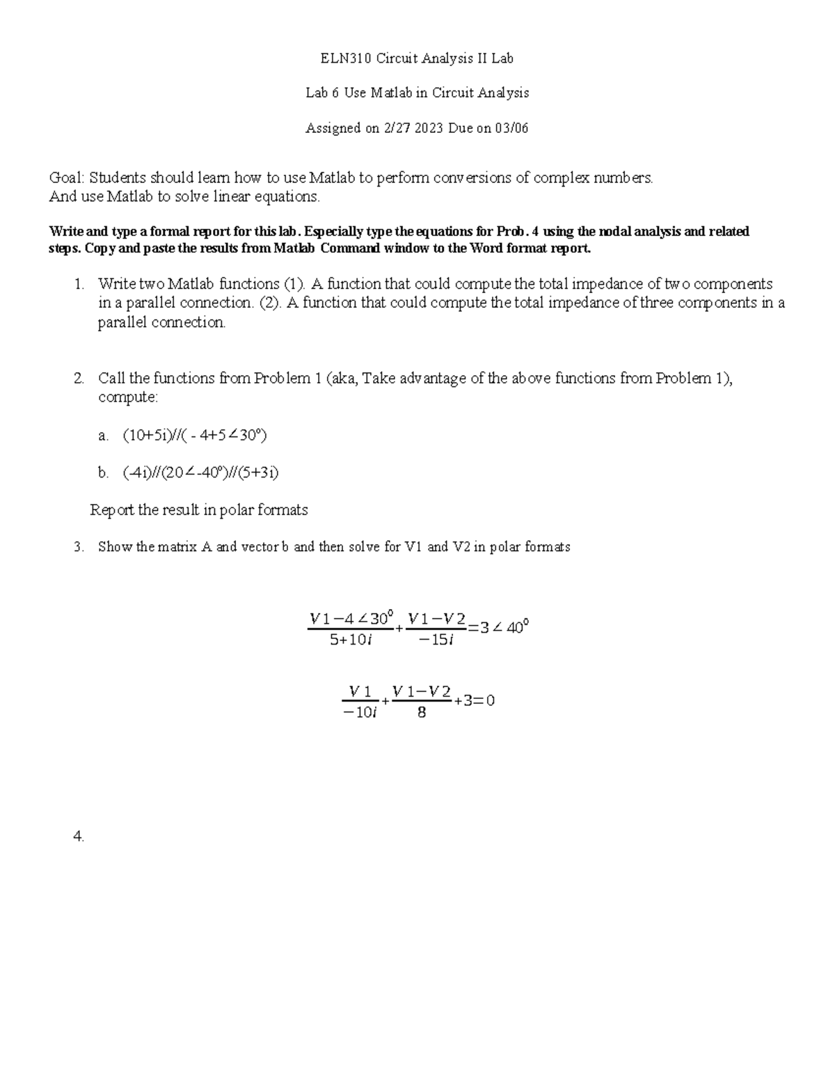 ELN310 Lab7 Use of Matlab in Circuit Analysis - ELN310 Circuit Analysis ...