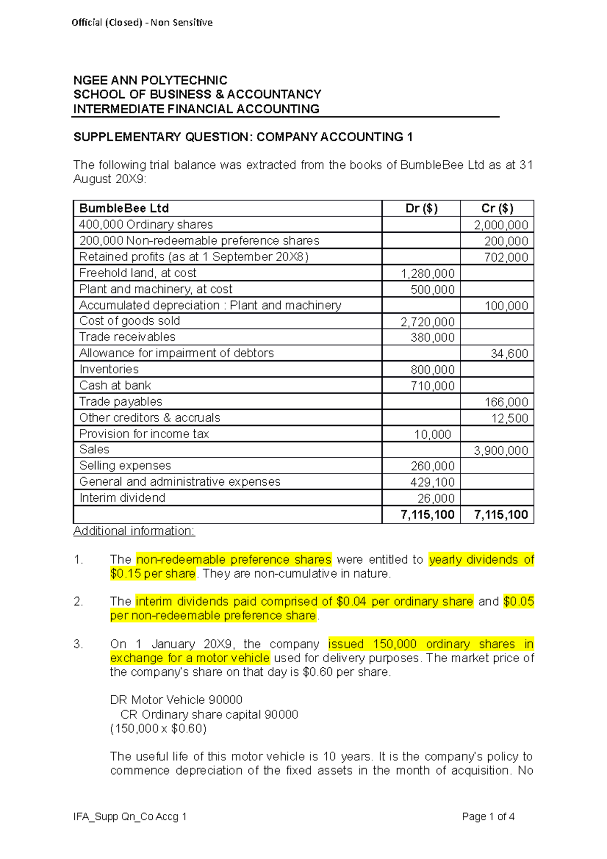 Week 1 company accounting supplementary qn NGEE ANN POLYTECHNIC