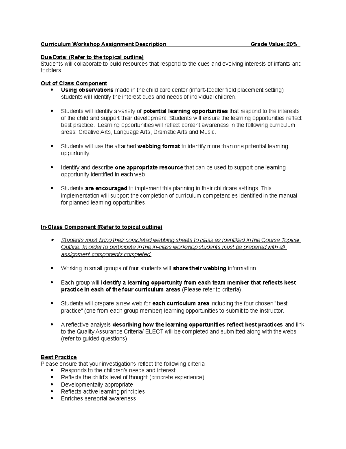 Curriculum Workshop Assignment Description Grade Value - Curriculum ...