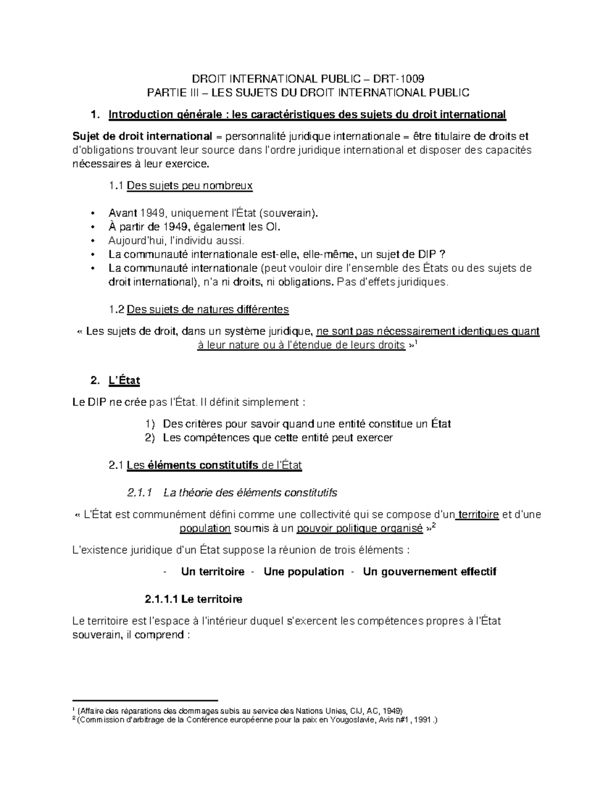 Partie III - Notes de cours 6-9 - DROIT INTERNATIONAL PUBLIC – DRT-1009 ...