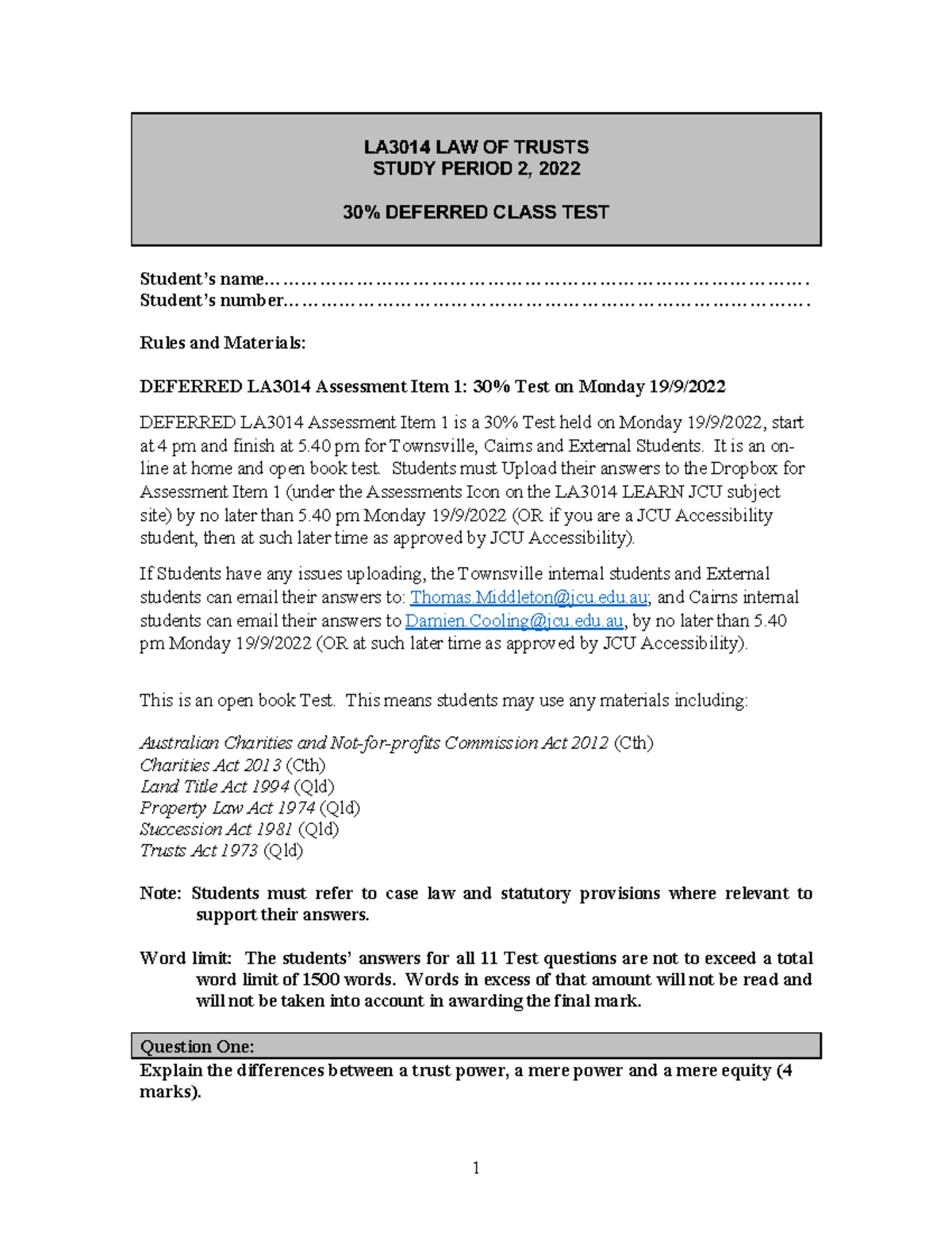LA3014 LAW OF Trusts deferred class test 19 September 2022 4 pm ...