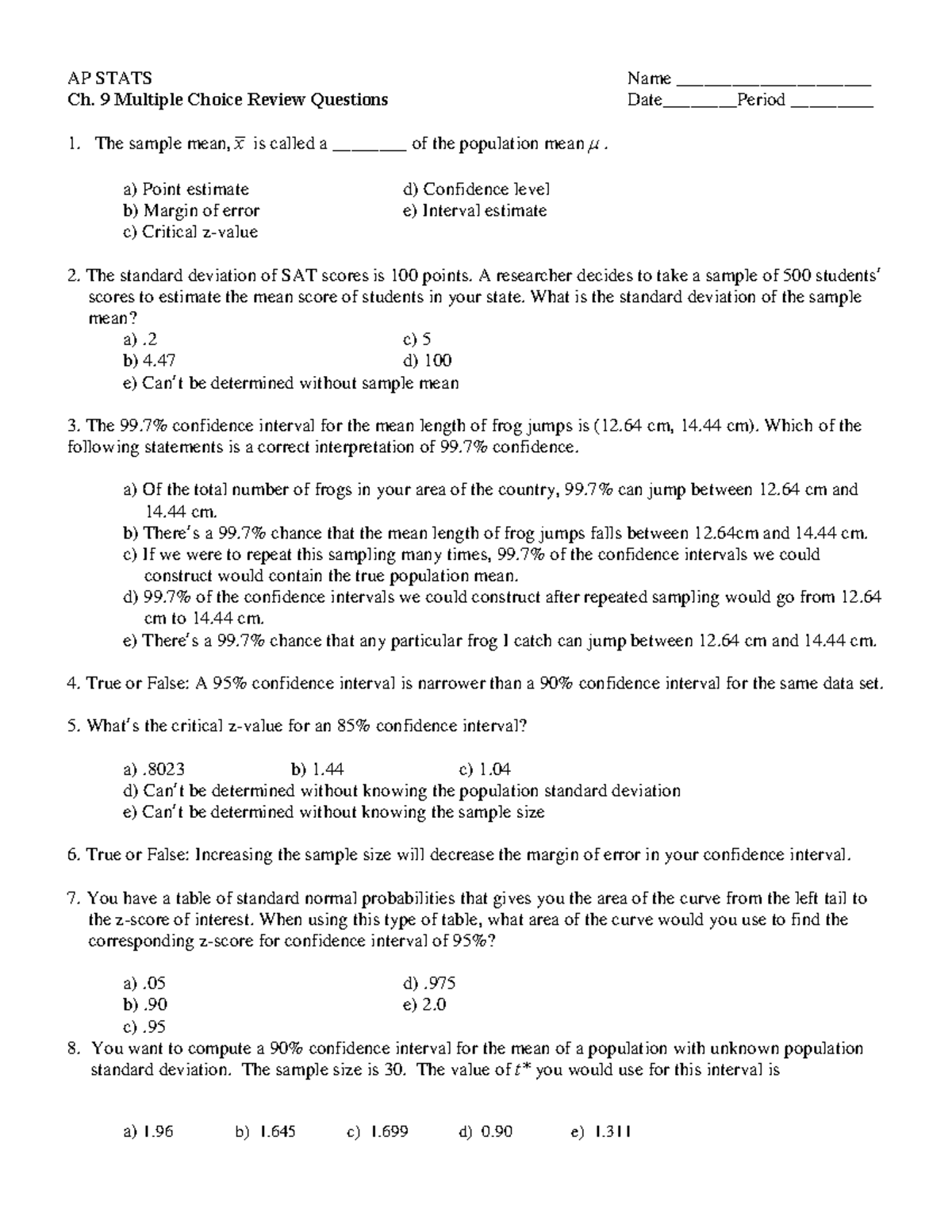 Ch 9 mc review - WORKIT - AP STATS Name _____________________ Ch. 9 ...