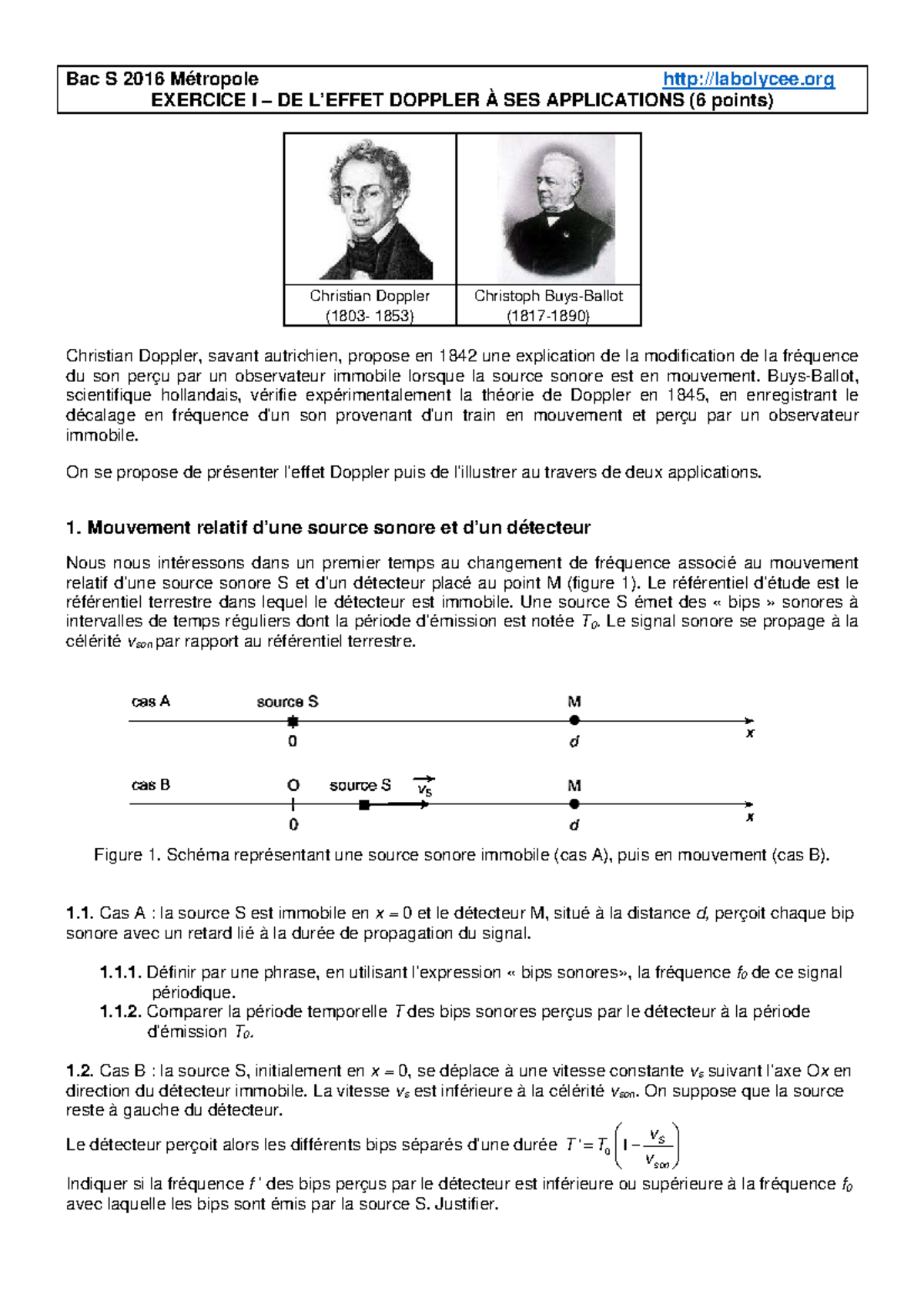 2016 Metropole Exo1 Sujet Doppler 6pts - Bac S 2016 Métropole labolycee ...