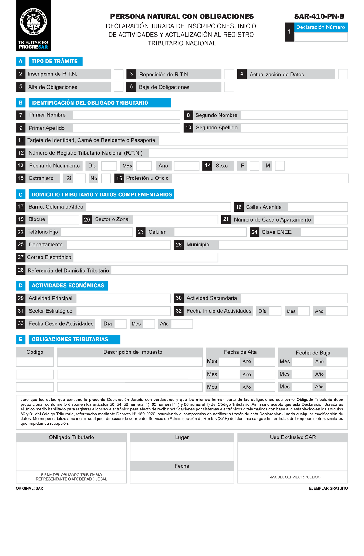 SAR 410 PN B - SAR 410 PN B - DECLARACIÓN JURADA DE INSCRIPCIONES ...