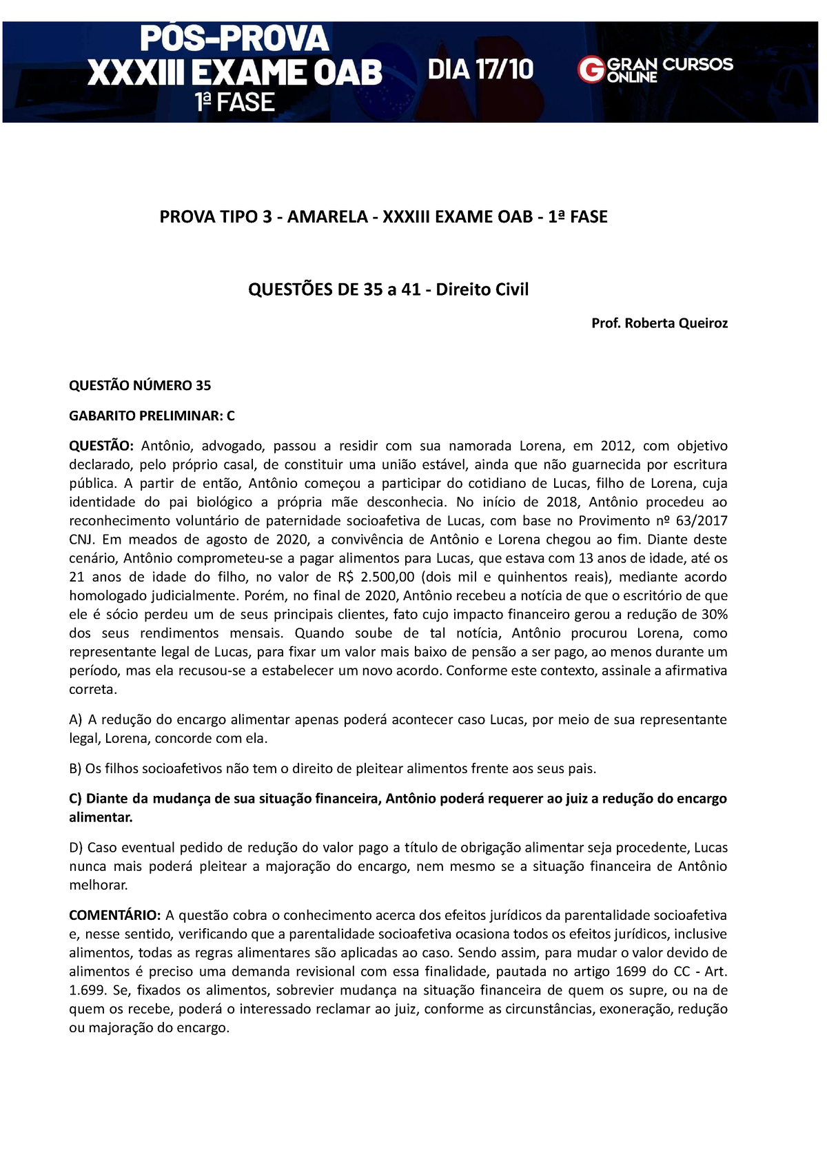 Questões Da OAB Comentada Direito Civil - PROVA TIPO 3 - AMARELA ...