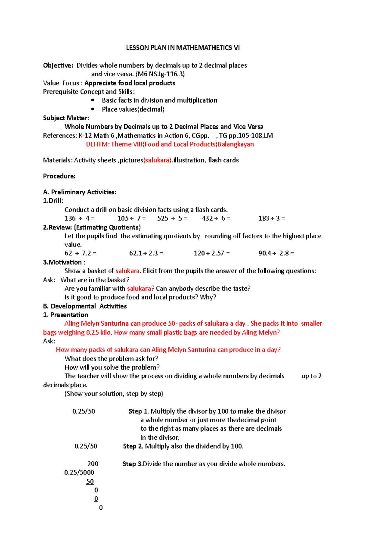 Contextualized Lesson Plan Math 6 - LESSON PLAN IN MATHEMATHETICS VI ...