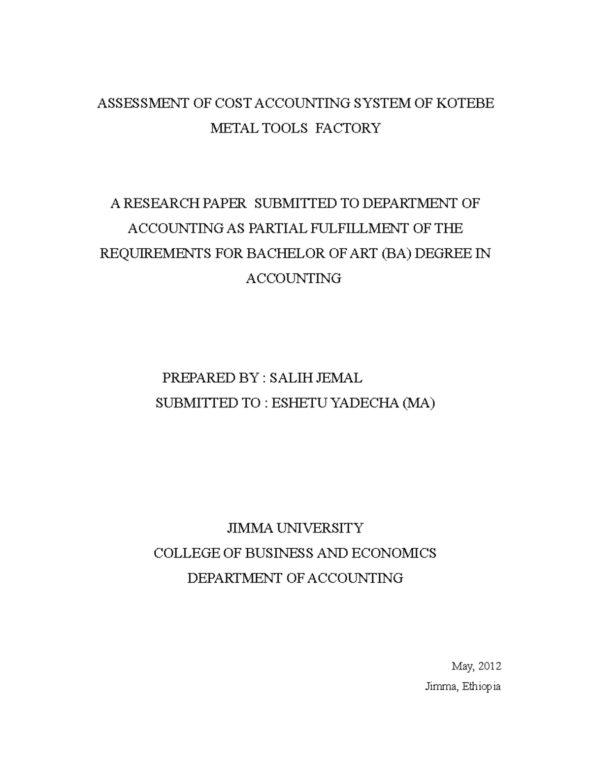 Assessment OF COST Accounting System - ASSESSMENT OF COST ACCOUNTING ...