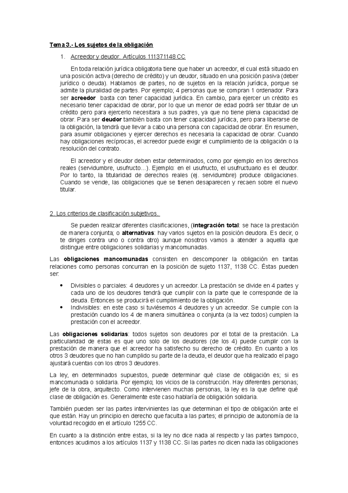 Tema 3 - dApuntes olbigaciones - Tema 3.- Los sujetos de la obligación ...