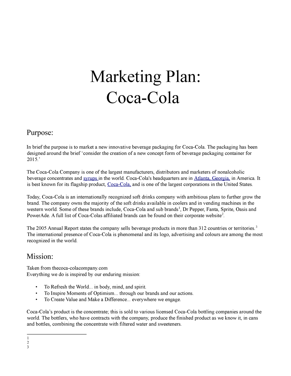 Marketing Plan Coca Cola In 15 Studocu