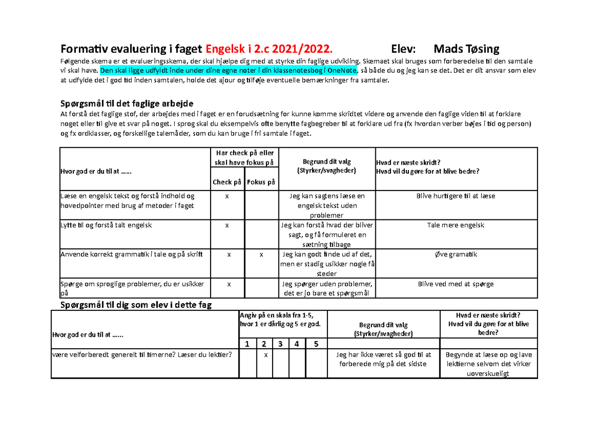 Formativ Evaluering I Faget Engelsk I 2 Mads - Studocu