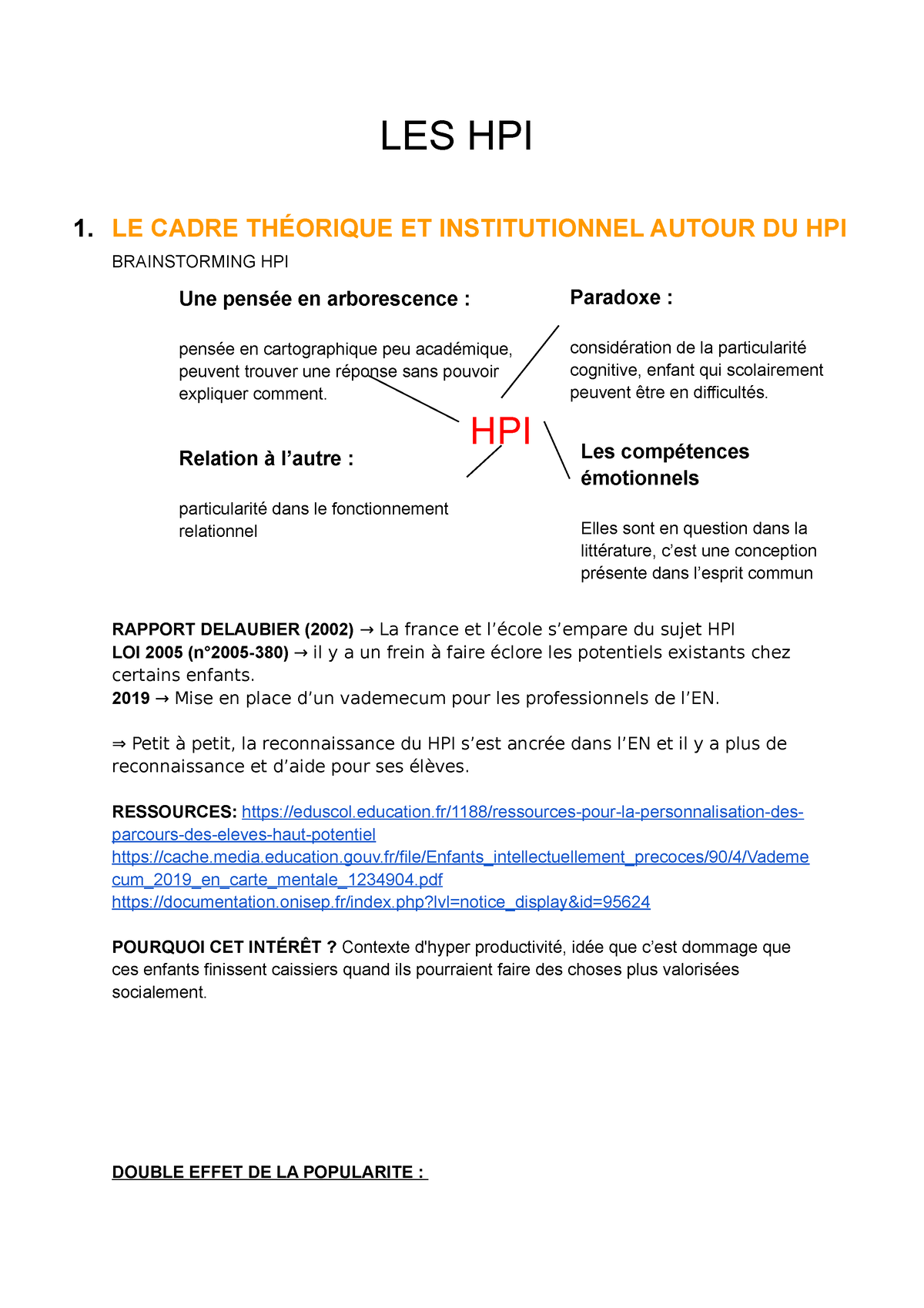 Haut Potentiel Intellectuel - LES HPI 1. LE CADRE THÉORIQUE ET ...