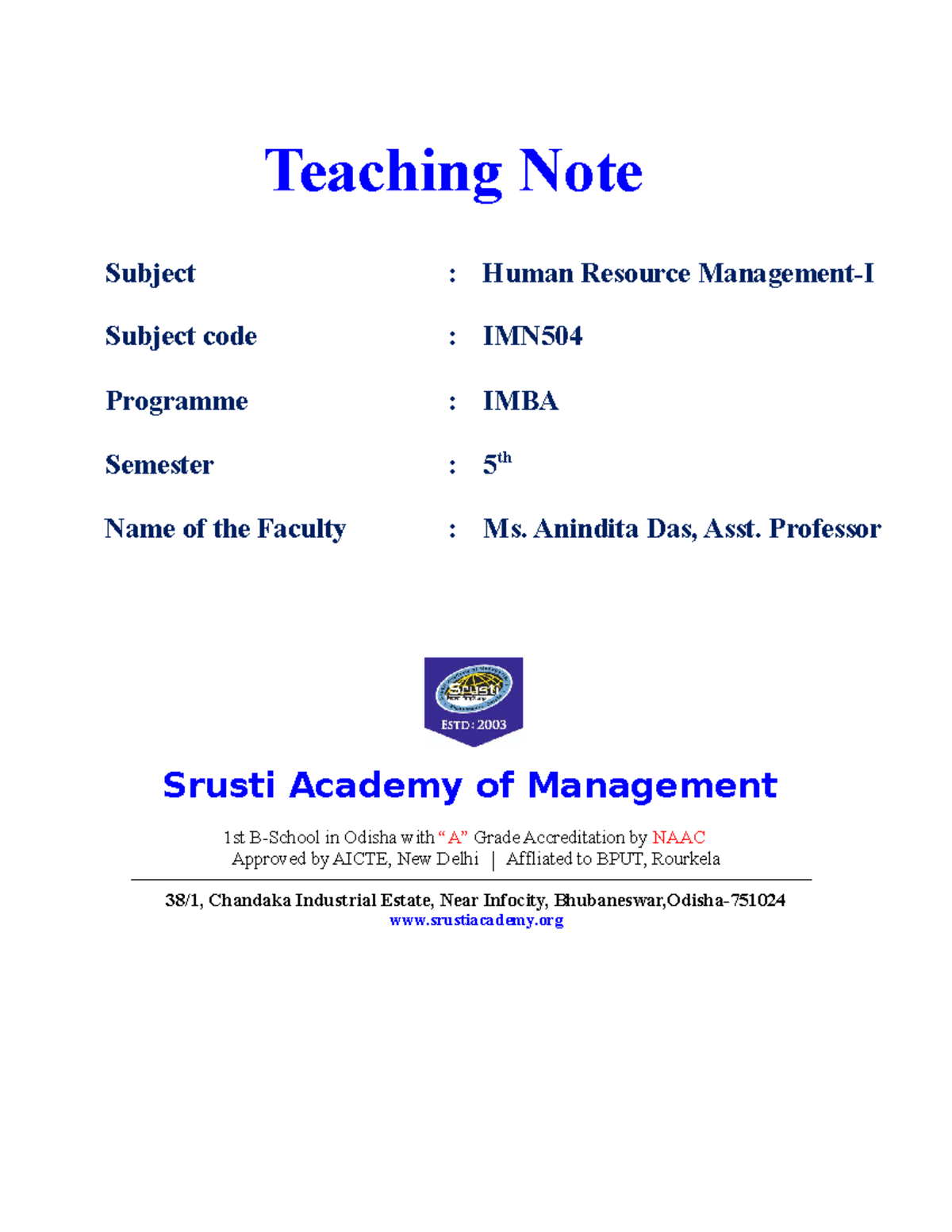 Teaching note - business - Teaching Note Subject : Human Resource ...