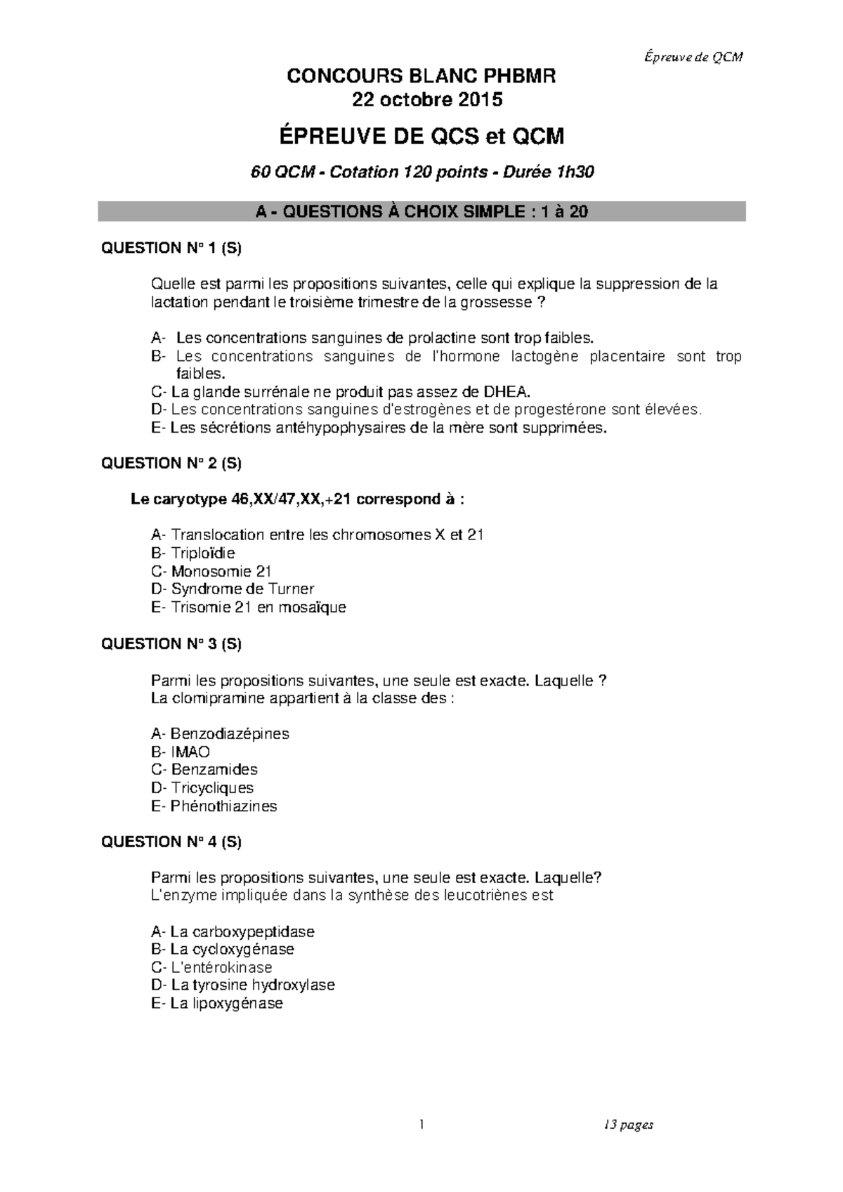 Examen 22 Octobre 2015, questions - CONCOURS BLANC PHBMR 22 octobre