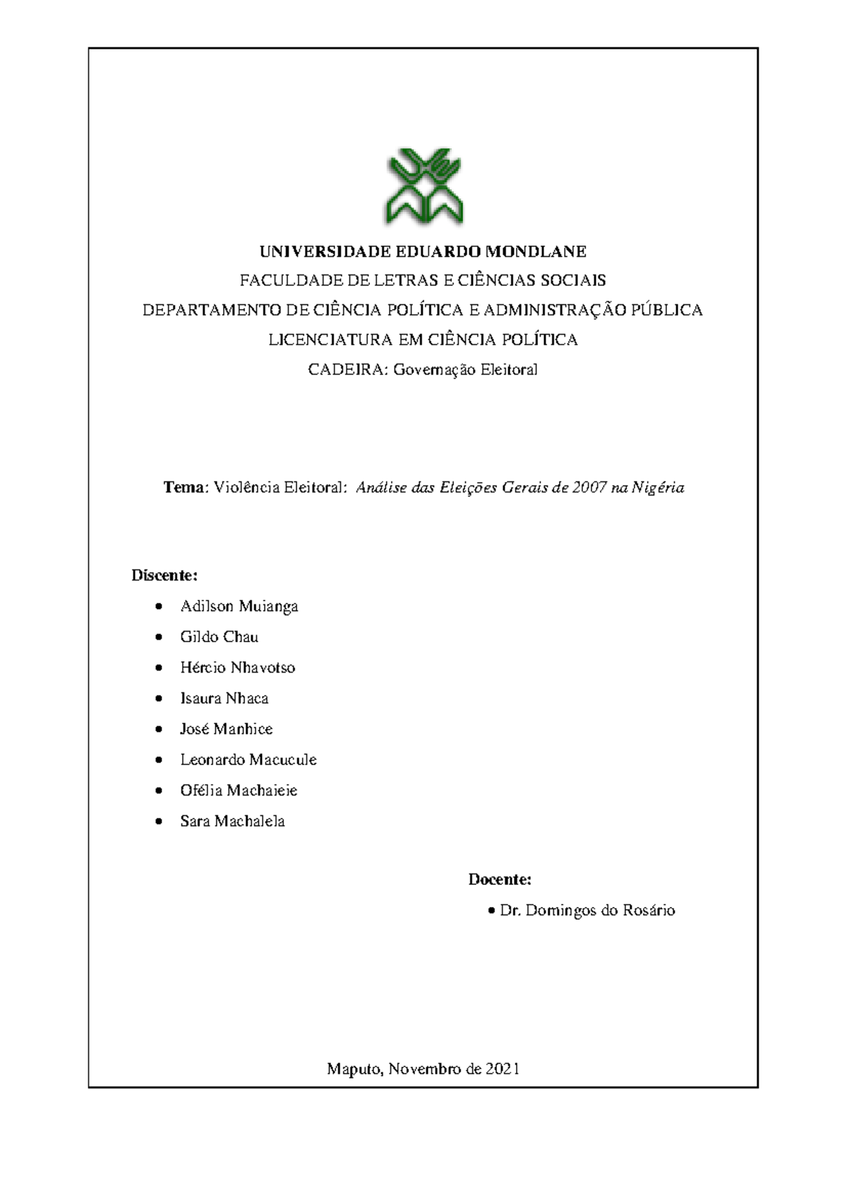 Trabalho GE - Matéria - UNIVERSIDADE EDUARDO MONDLANE FACULDADE DE ...