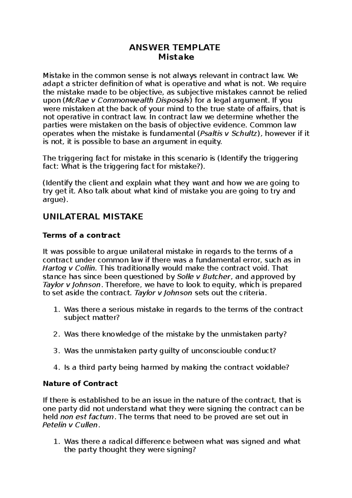 Contract Law- Mistake Template - ANSWER TEMPLATE Mistake Mistake In The ...