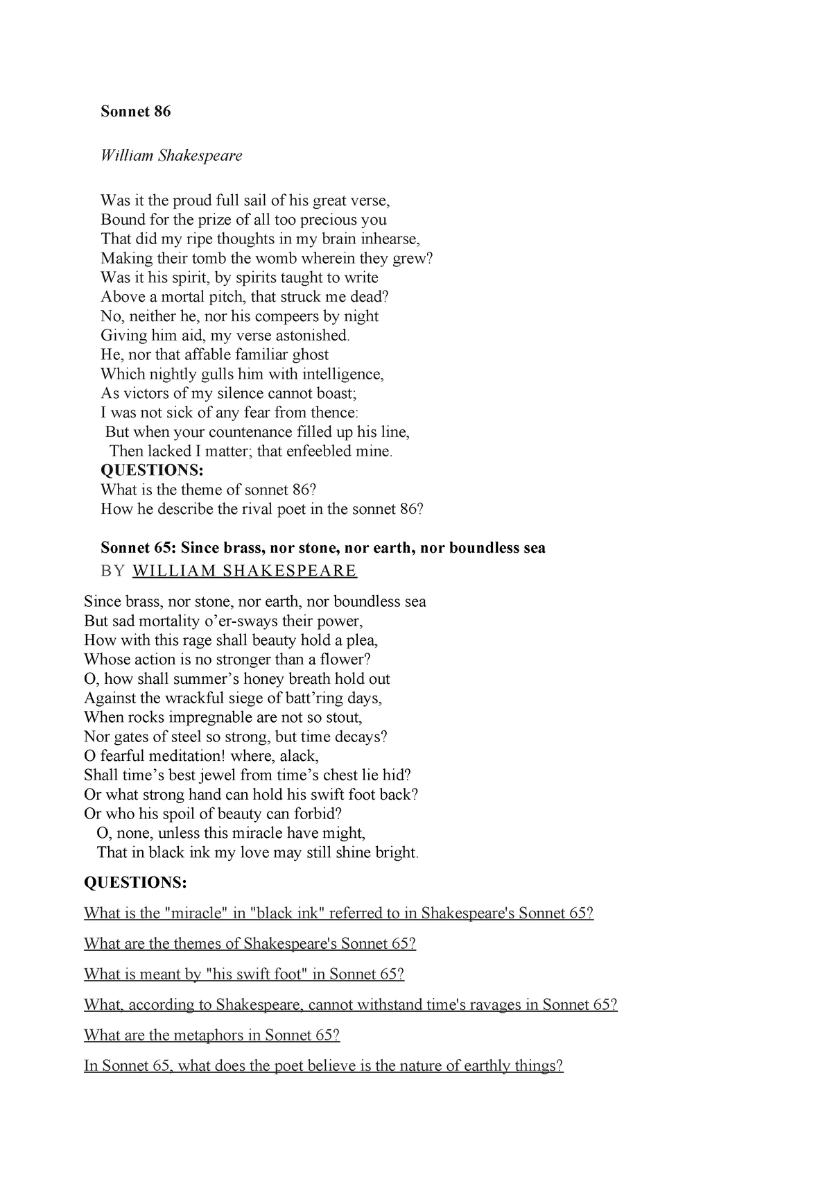 Sonnet 86 - Summary Shakespeare - Sonnet 86 William Shakespeare Was it ...