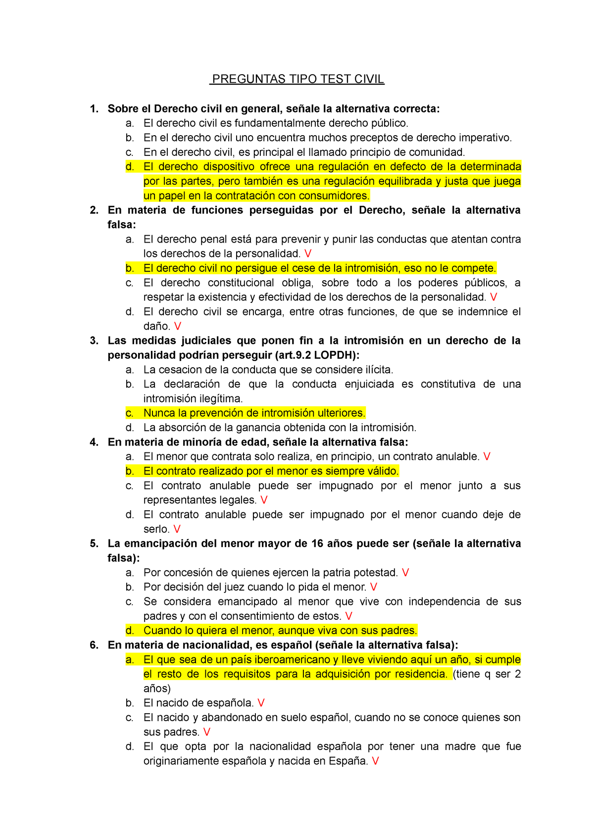 Preguntas TIPO TEST Civil - PREGUNTAS TIPO TEST CIVIL Sobre El Derecho ...