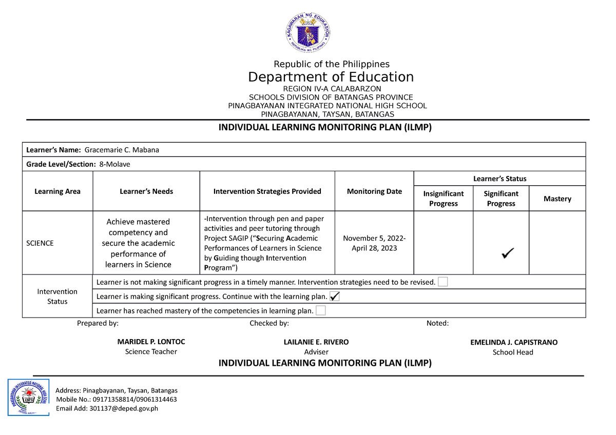 Individual Learning Monitoring PLAN - Department of Education REGION IV ...