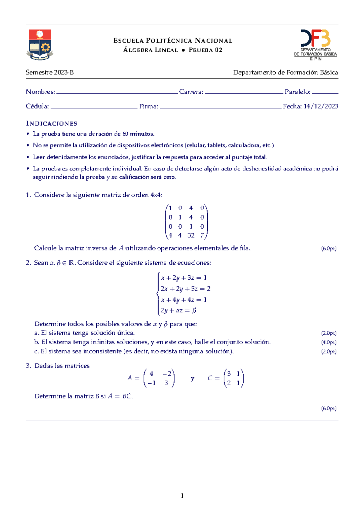 Algebra Ejercicios 202 3A (13) - ESCUELA POLITÉCNICA NACIONAL ÁLGEBRA ...